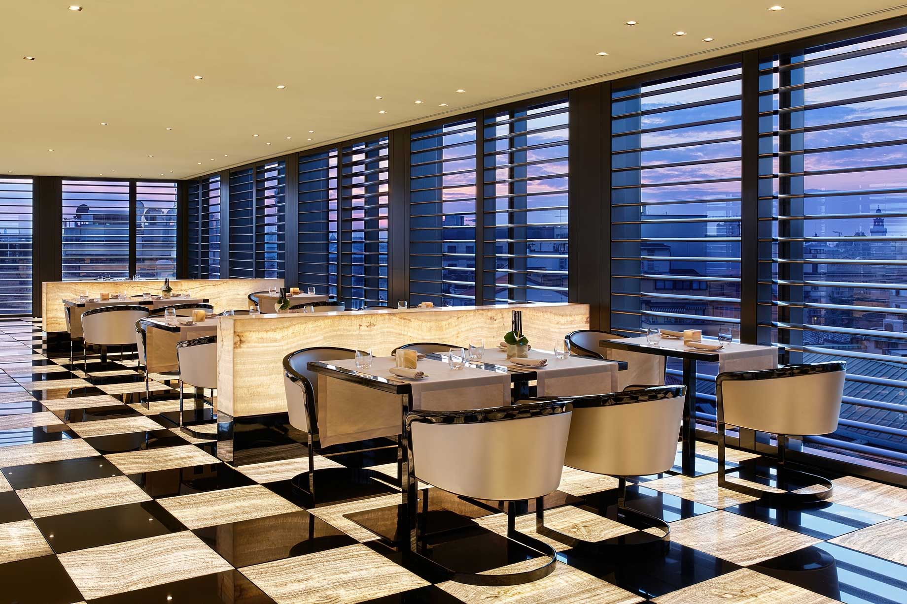 109 – Armani Hotel Milano – Milan, Italy – Armani Restaurant Table Seating Twilight