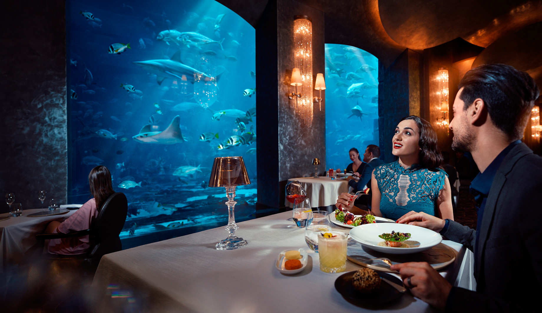 Atlantis The Palm Resort – Crescent Rd, Dubai, UAE – Ossiano Restaurant Dining Underwater Aquarium View