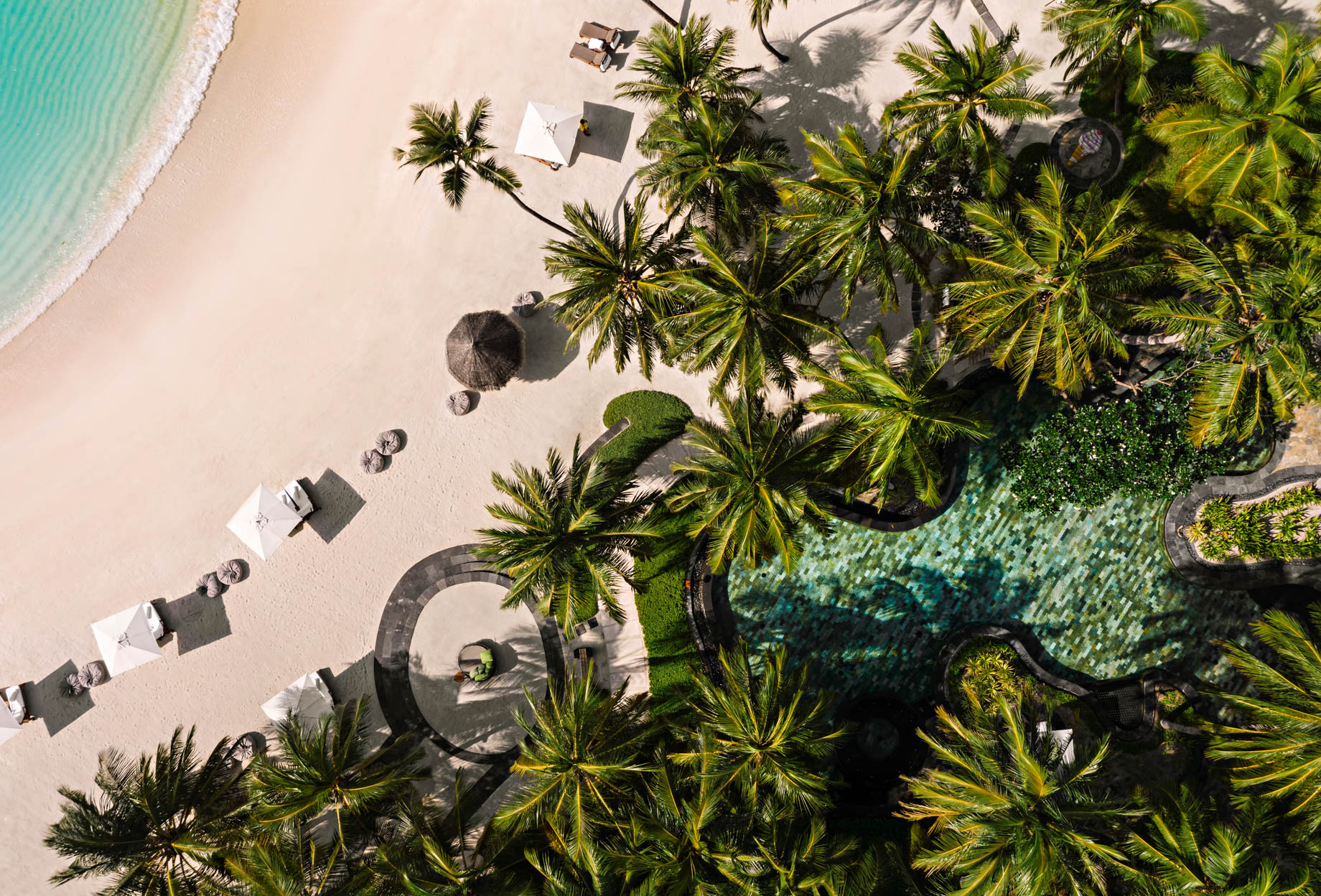 One&Only Reethi Rah Resort - North Male Atoll, Maldives - Beach Club Oceanfront Pool Overhead Aerial