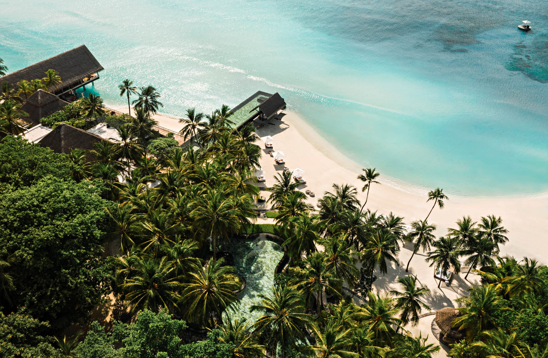 One&Only Reethi Rah Resort - North Male Atoll, Maldives - Overwater Beachfront Infinity Pool Aerial