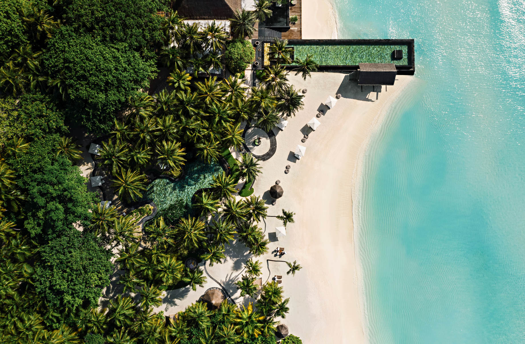 One&Only Reethi Rah Resort – North Male Atoll, Maldives – Overwater Beachfront Infinity Pool Overhead Aerial