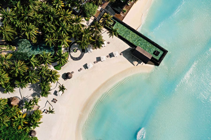 One&Only Reethi Rah Resort - North Male Atoll, Maldives - Overwater Beachfront Infinity Pool Overhead Aerial