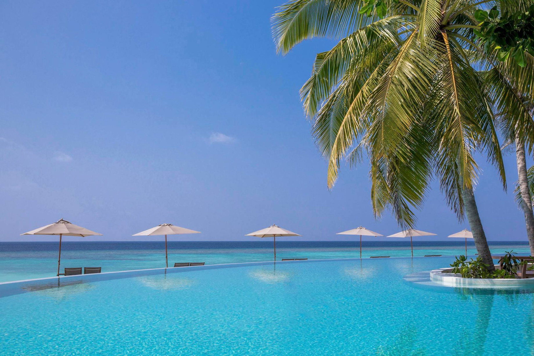 Amilla Fushi Resort and Residences – Baa Atoll, Maldives – Oceanfront Pool Beach Chairs and Umbrellas