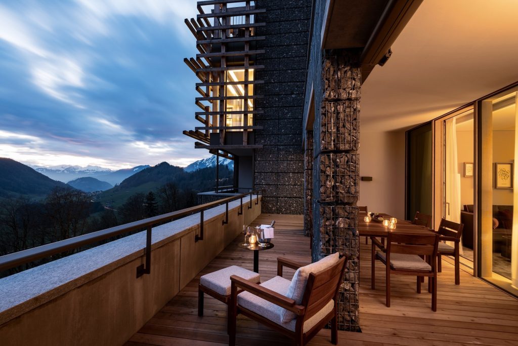 Waldhotel - Burgenstock Hotels & Resort - Obburgen, Switzerland - Guestroom Deck at Twilight