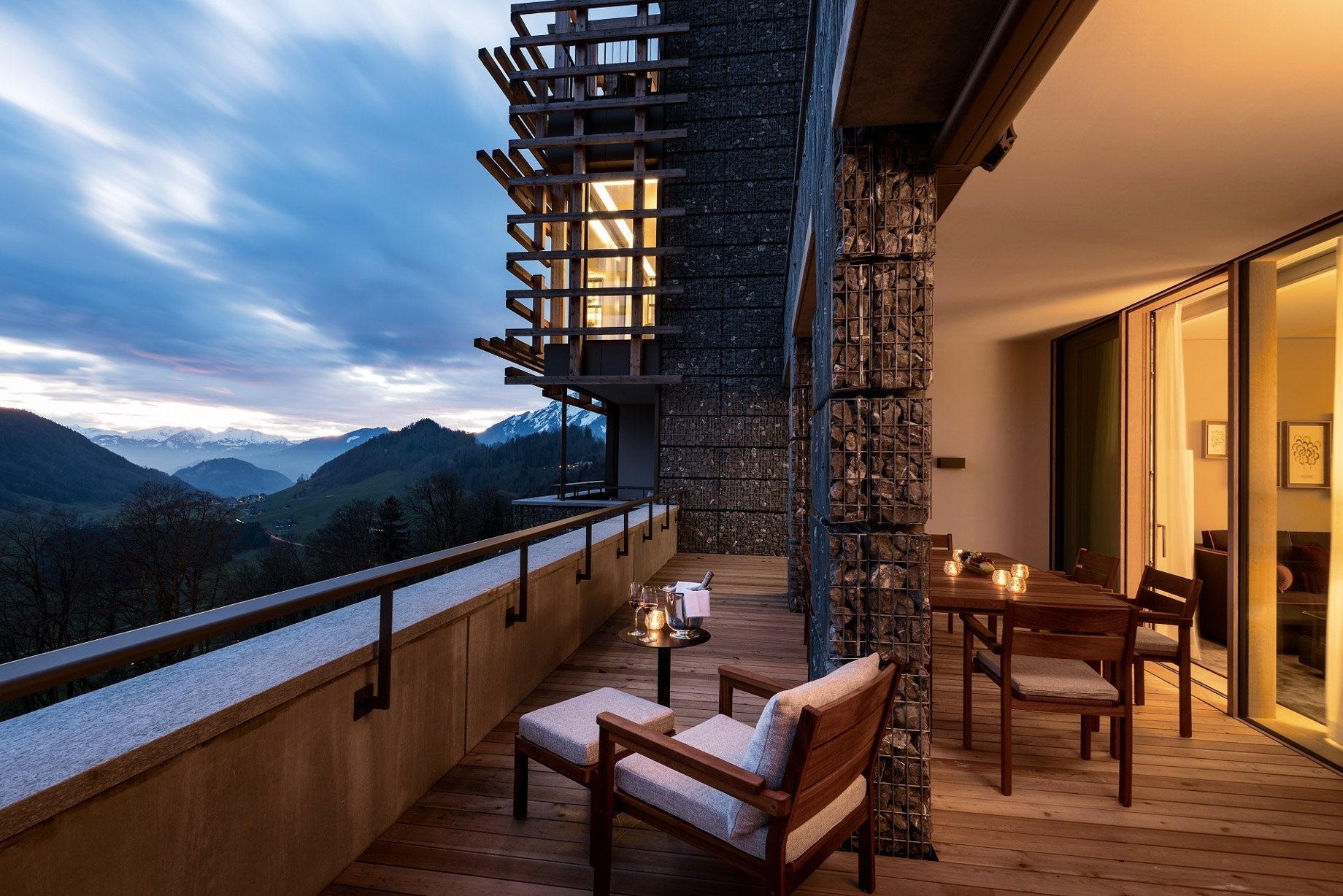 Waldhotel – Burgenstock Hotels & Resort – Obburgen, Switzerland – Guestroom Deck at Twilight