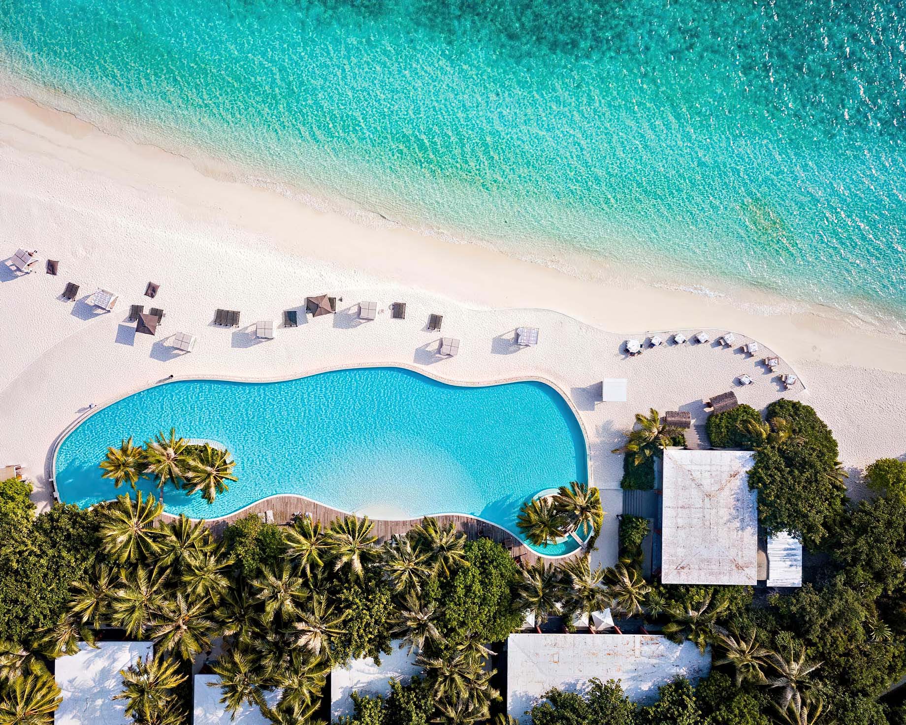 Amilla Fushi Resort and Residences – Baa Atoll, Maldives – Oceanfront Infinity Edge Pool Overhead View