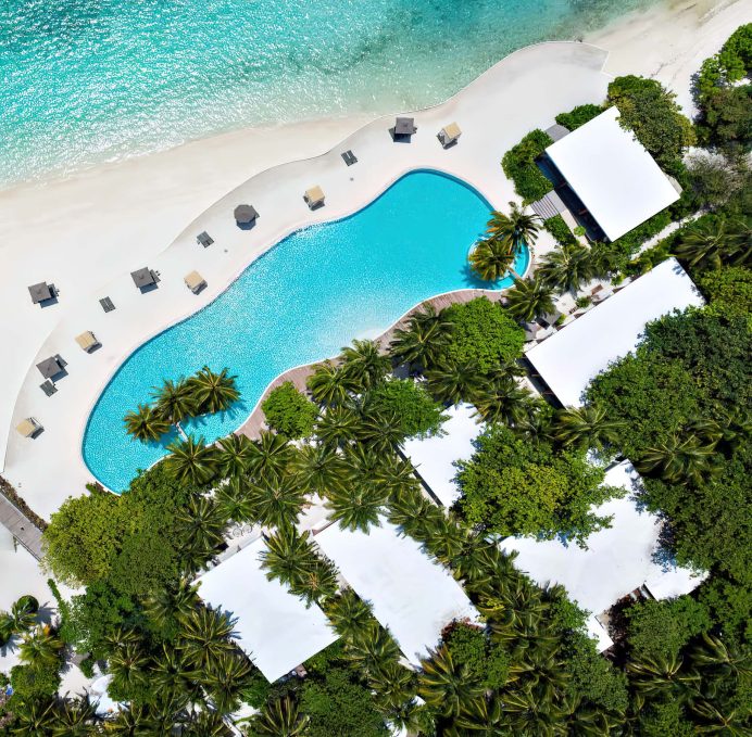 Amilla Fushi Resort and Residences - Baa Atoll, Maldives - Oceanfront Infinity Edge Pool Overhead Aerial