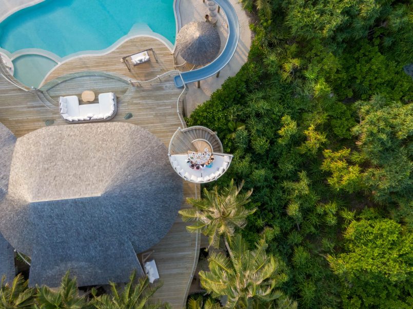 Soneva Jani Resort - Noonu Atoll, Medhufaru, Maldives - 3 Bedroom Island Reserve Villa Pool Deck Lounge Overhead Aerial