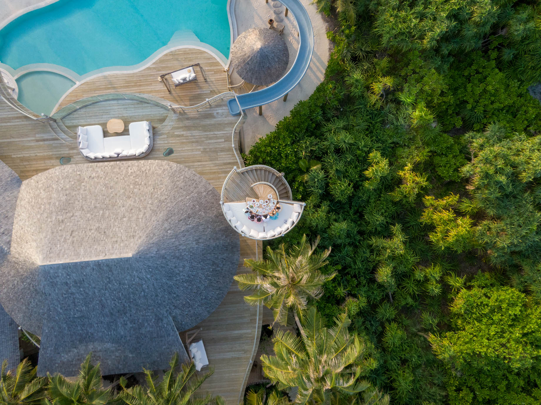 Soneva Jani Resort – Noonu Atoll, Medhufaru, Maldives – 3 Bedroom Island Reserve Villa Pool Deck Lounge Overhead Aerial
