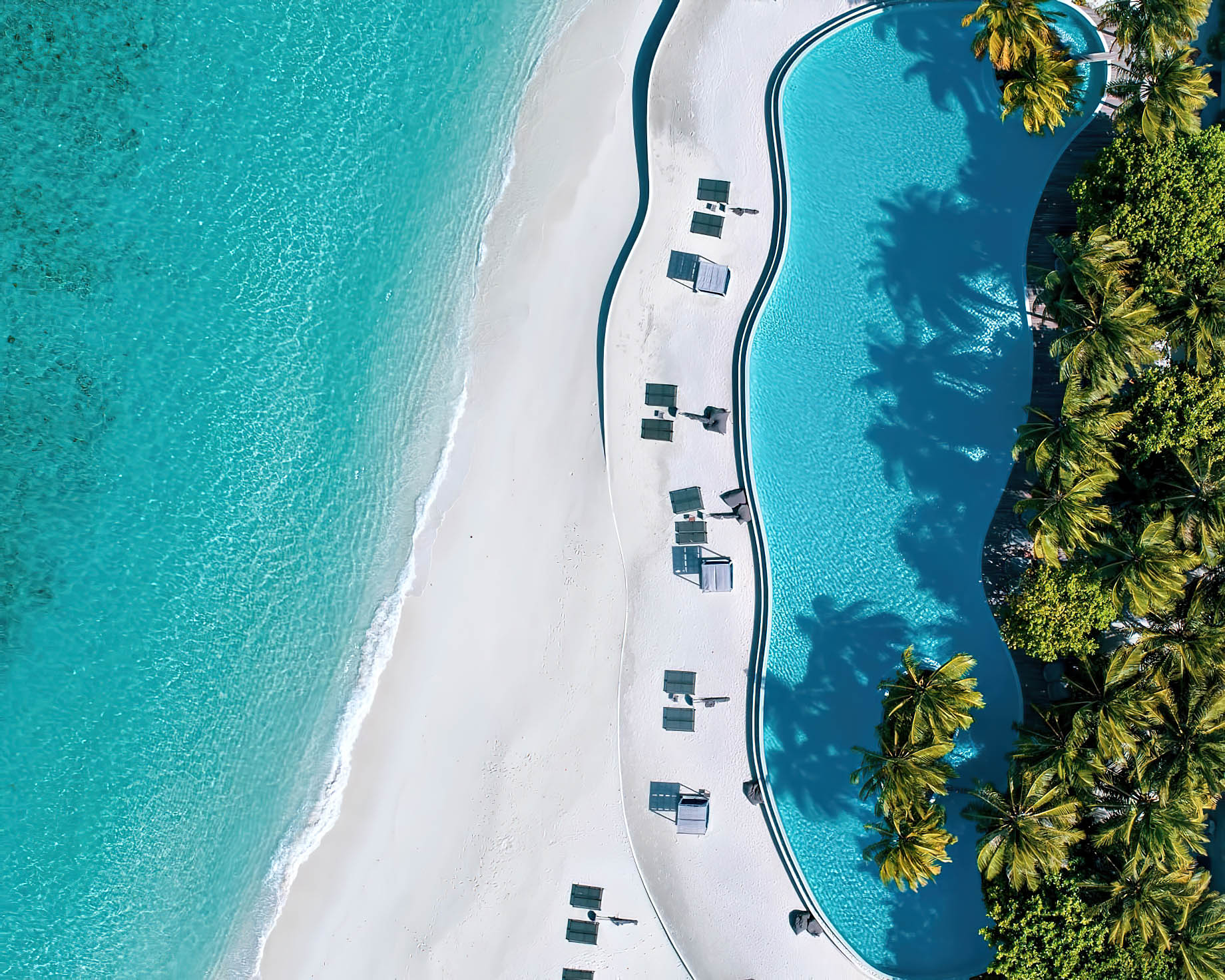 Amilla Fushi Resort and Residences – Baa Atoll, Maldives – Oceanfront Infinity Edge Pool Overhead Aerial View