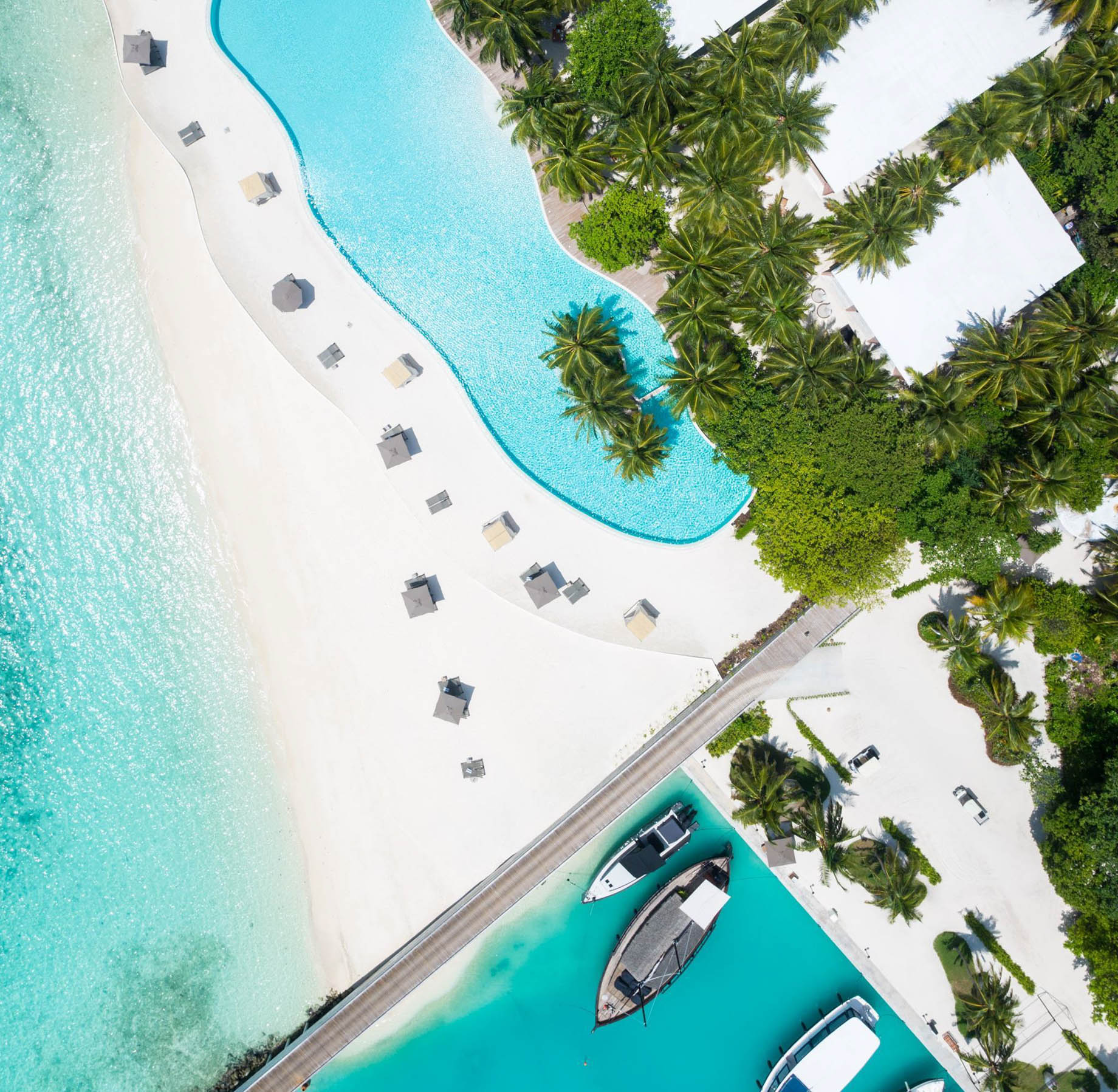 Amilla Fushi Resort and Residences – Baa Atoll, Maldives – Oceanfront Infinity Edge Pool Overhead View