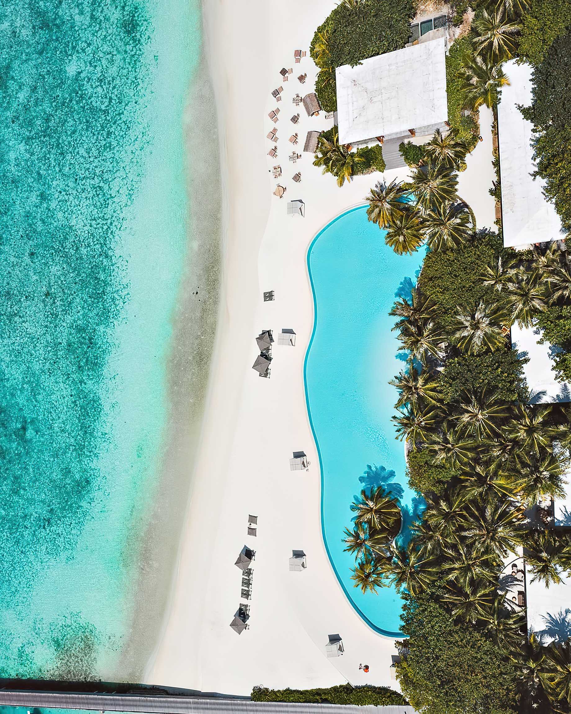 Amilla Fushi Resort and Residences – Baa Atoll, Maldives – Resort Oceanfront Infinity Edge Pool Overhead Aerial