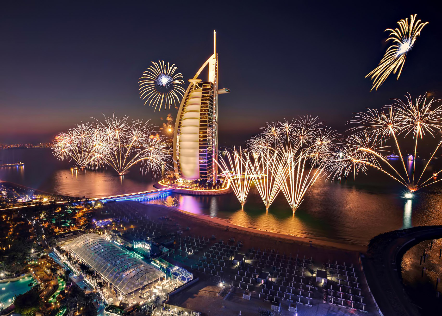Burj Al Arab Jumeirah Hotel Dubai, UAE Night Fireworks TRAVOH