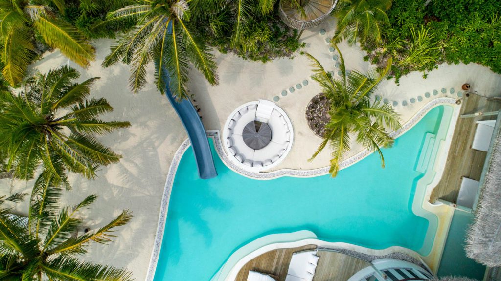 Soneva Jani Resort - Noonu Atoll, Medhufaru, Maldives - 4 Bedroom Island Reserve Villa Beachfront Pool Water Slide Overhead View
