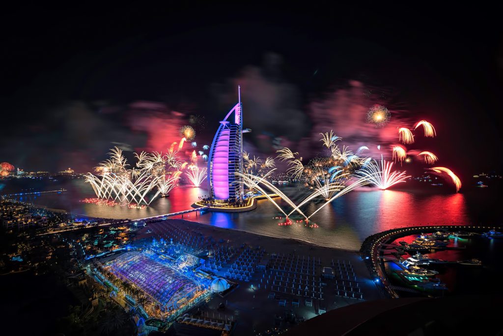 Burj Al Arab Jumeirah Hotel - Dubai, UAE - Night Fireworks