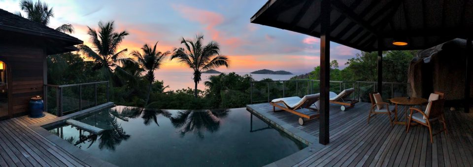 Six Senses Zil Pasyon Resort - Felicite Island, Seychelles - Tropical Island Villa Pool Deck Sunset Panorama