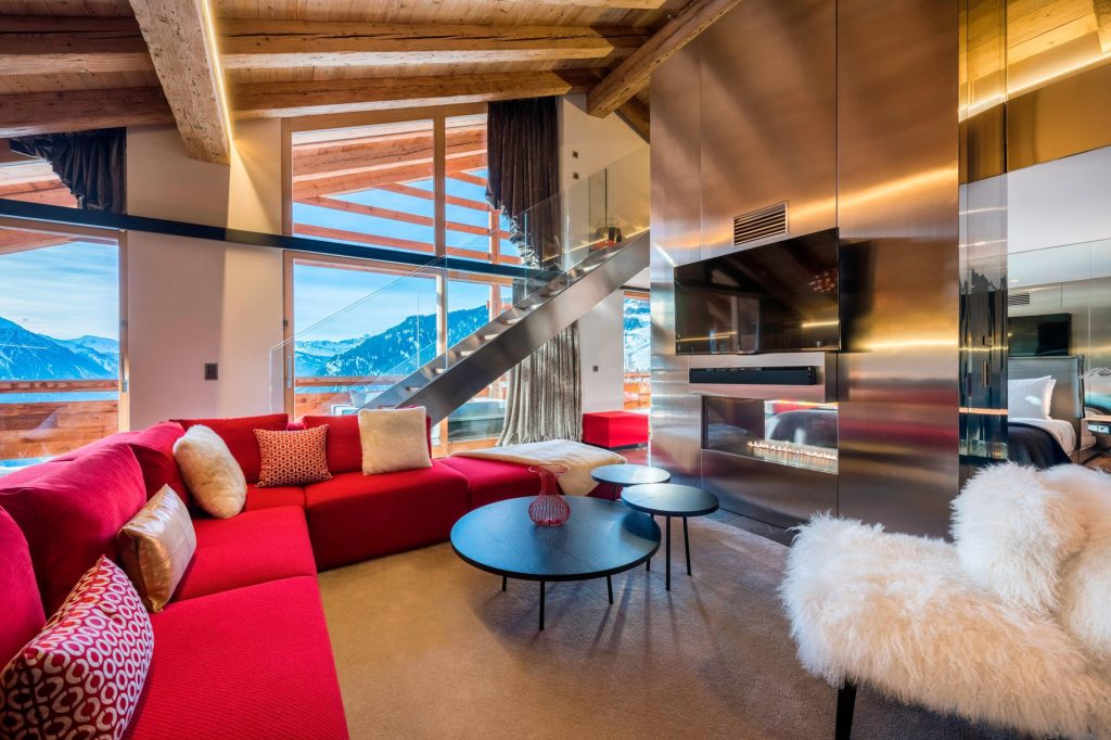 W Verbier Hotel - Verbier, Switzerland - WOW Suite Lounge Area Fireplace