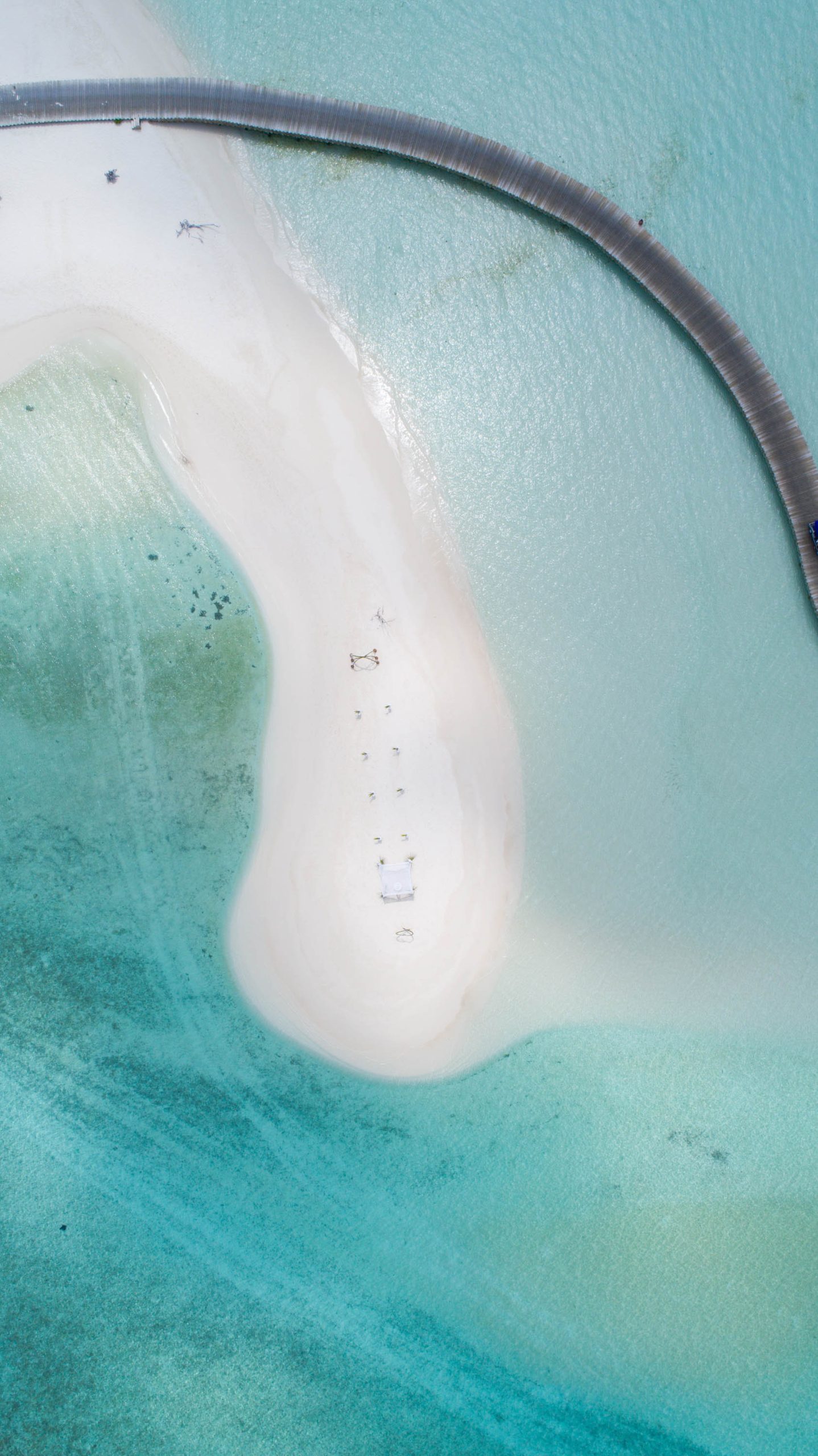 Soneva Jani Resort – Noonu Atoll, Medhufaru, Maldives – White Sand Beach Boardwalk Aerial Overhead View