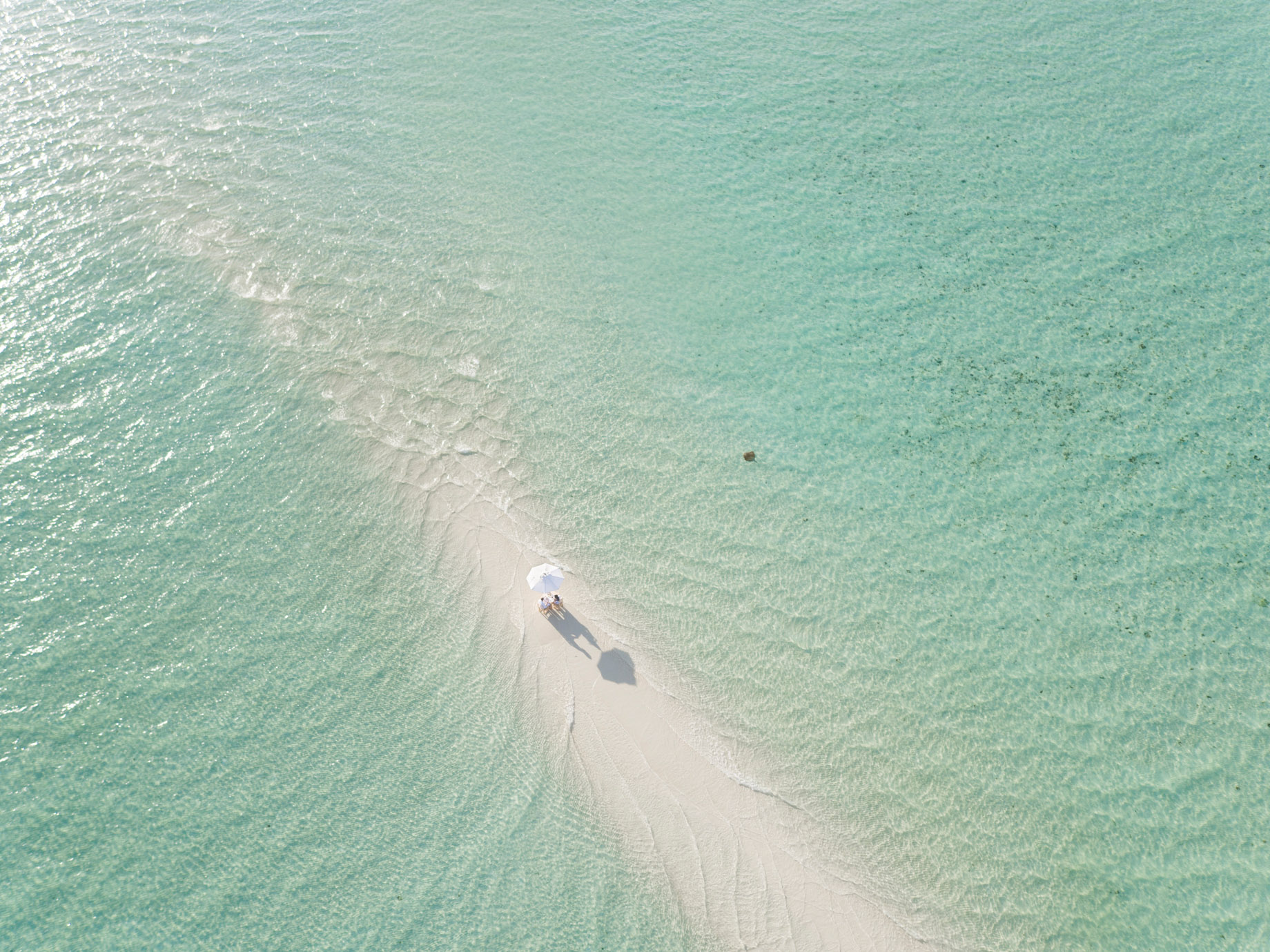 Soneva Jani Resort – Noonu Atoll, Medhufaru, Maldives – White Sandbank Beach Dining Aerial