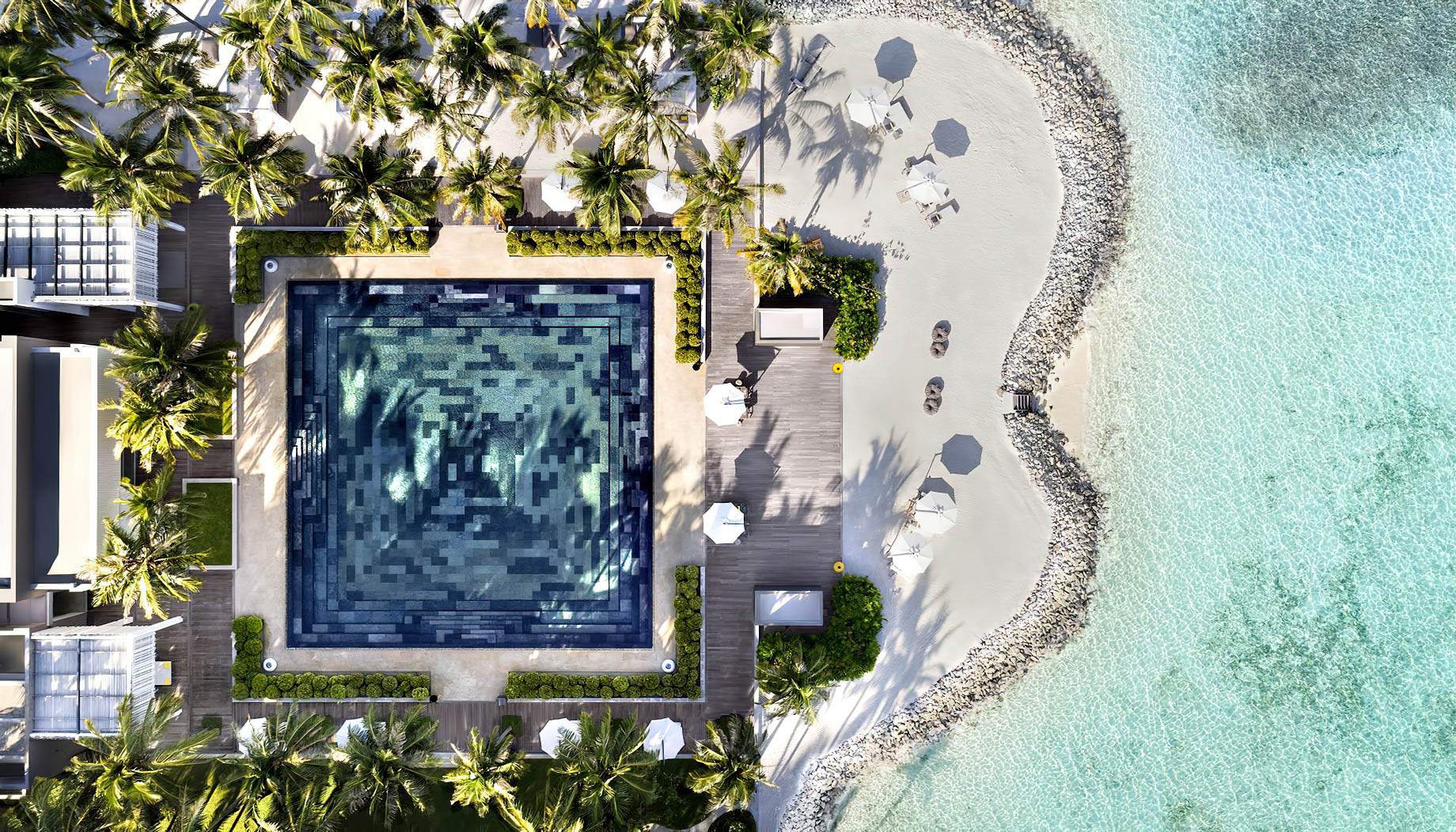 Cheval Blanc Randheli Resort – Noonu Atoll, Maldives – White Bar Beach Club Pool Overhead Aerial