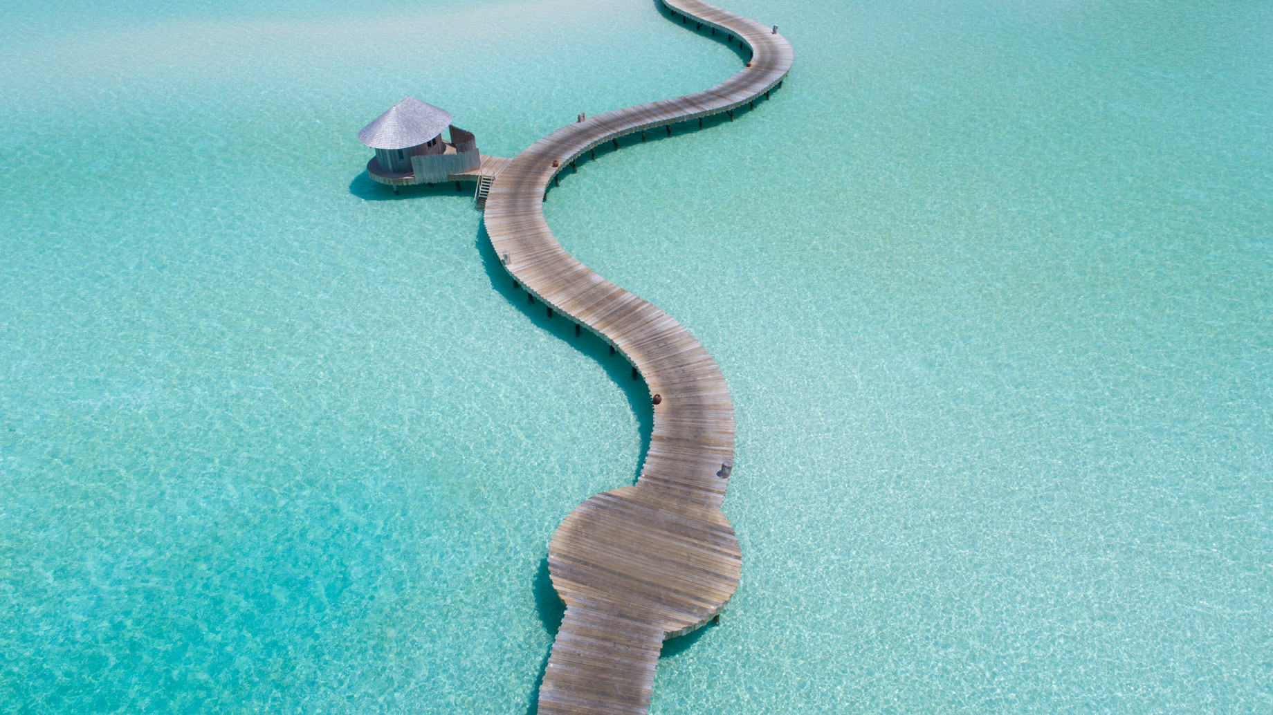 Soneva Jani Resort – Noonu Atoll, Medhufaru, Maldives – Tropical Ocean Water Jetty Boardwalk Aerial