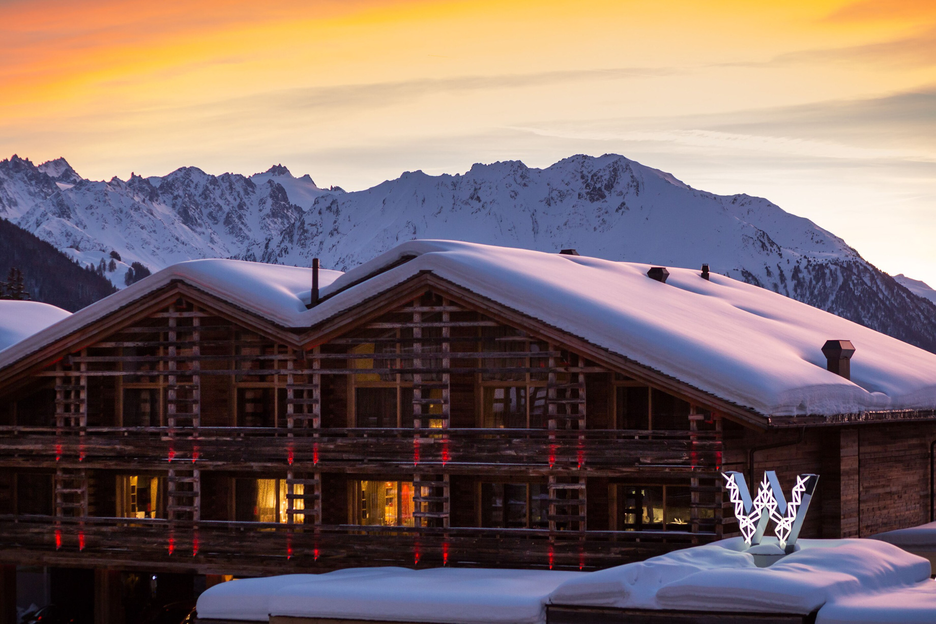 W Verbier Hotel – Verbier, Switzerland – Exterior Winter Sunset View
