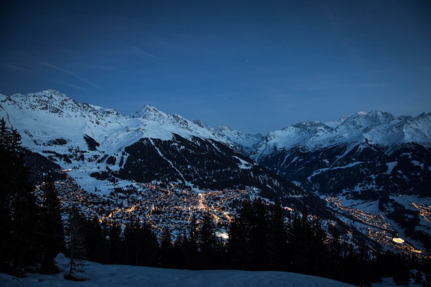 W Verbier Hotel - Verbier, Switzerland - Local Area Winter Aerial View Night