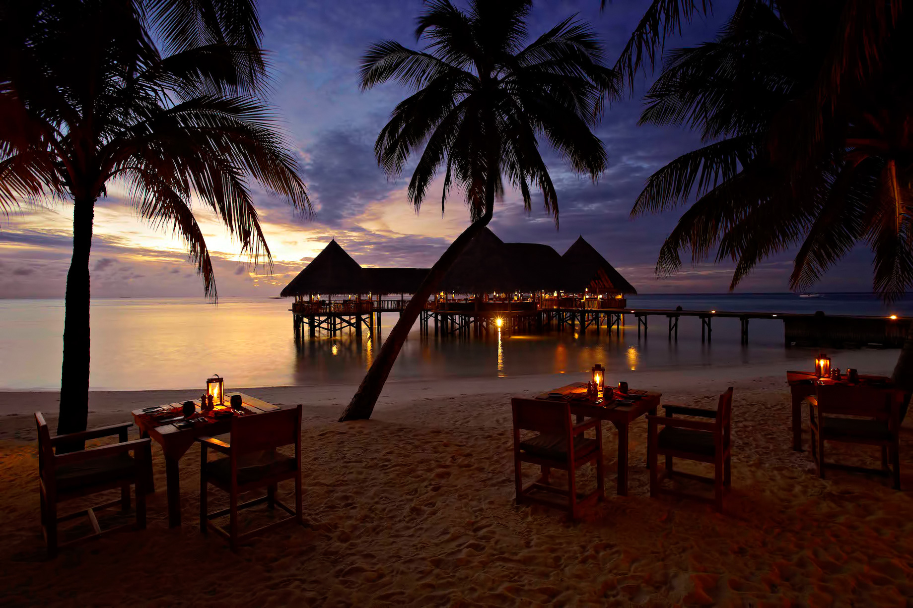 Gili Lankanfushi Resort – North Male Atoll, Maldives – Beach Dining Tables Sunset