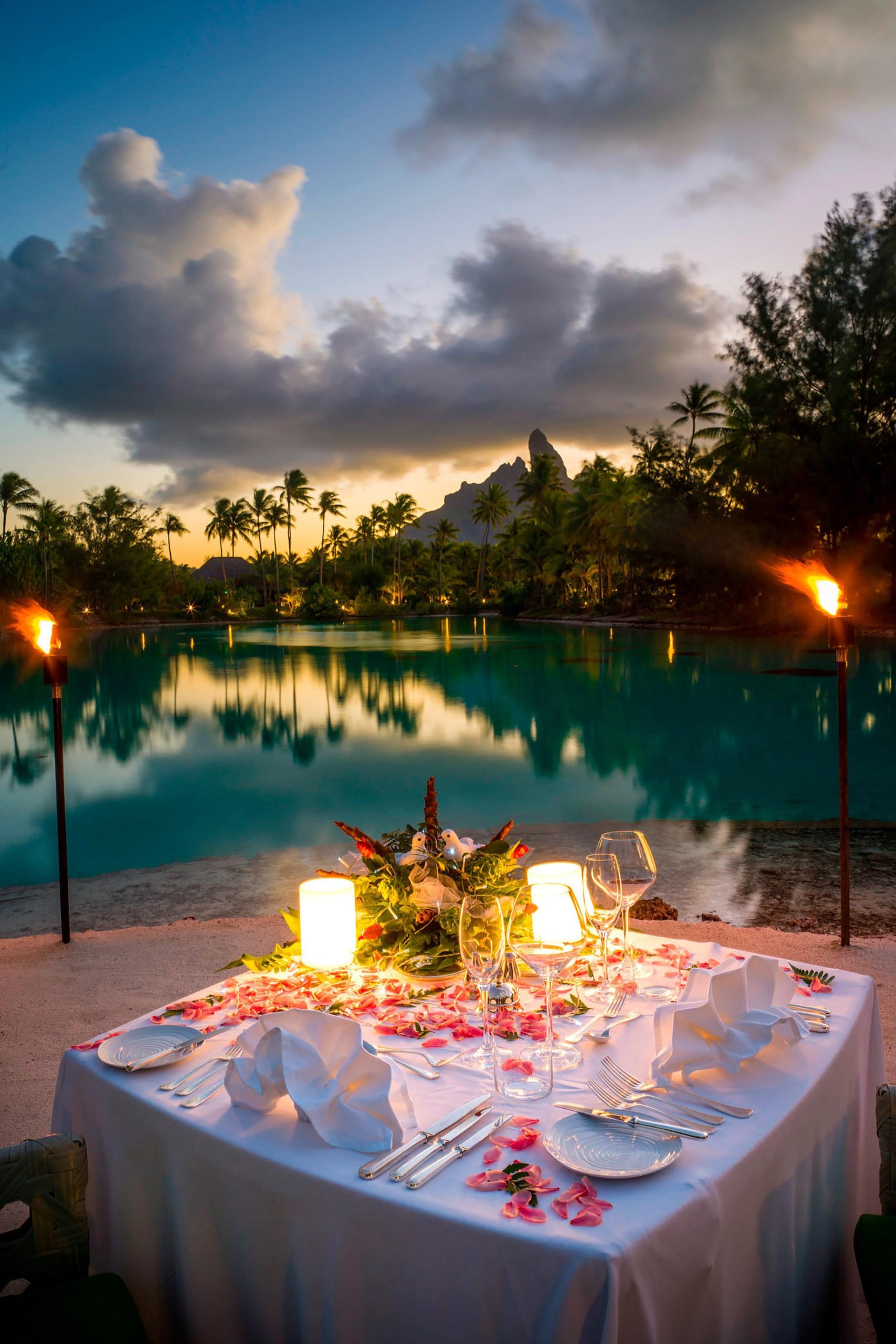 The St. Regis Bora Bora Resort – Bora Bora, French Polynesia – Candlelight Dinner on the Beach at Sunset