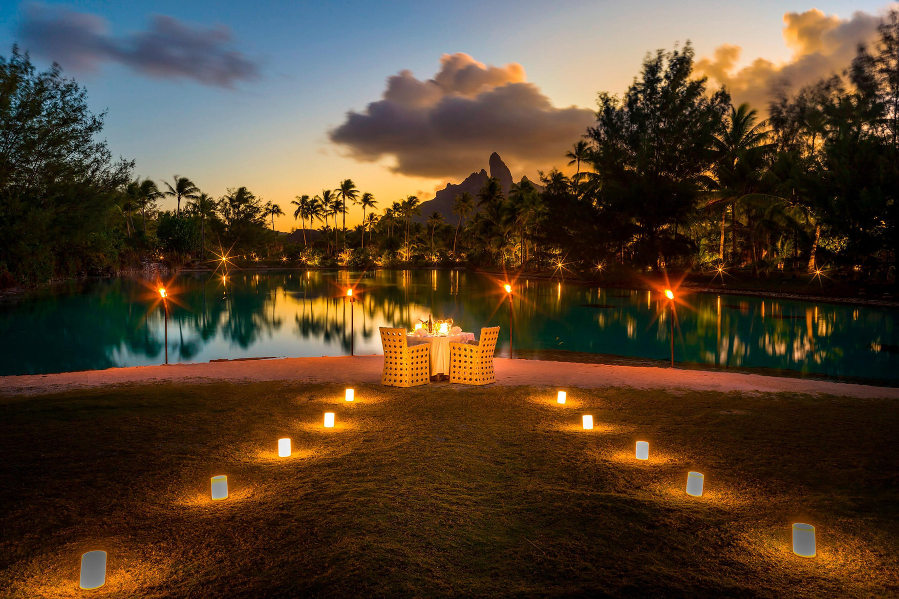 The St. Regis Bora Bora Resort – Bora Bora, French Polynesia – Candlelight Beach Dinner Sunset