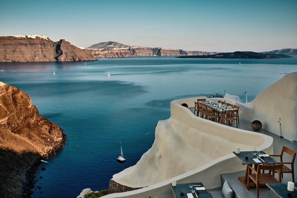 Mystique Hotel Santorini – Oia, Santorini Island, Greece - Cliffside ASEA Lounge Sea View Restaurant