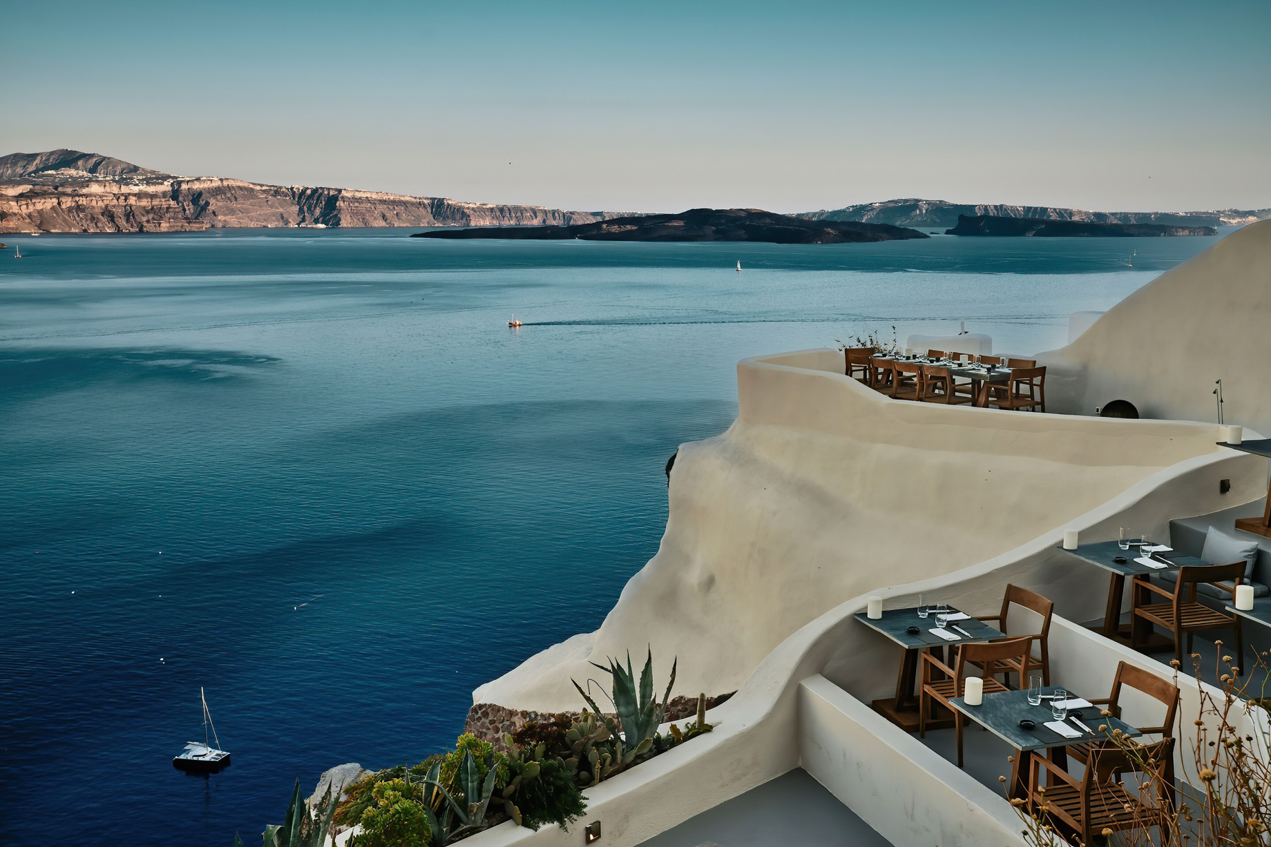 Mystique Hotel Santorini – Oia, Santorini Island, Greece - Cliffside ASEA Lounge Restaurant Ocean View