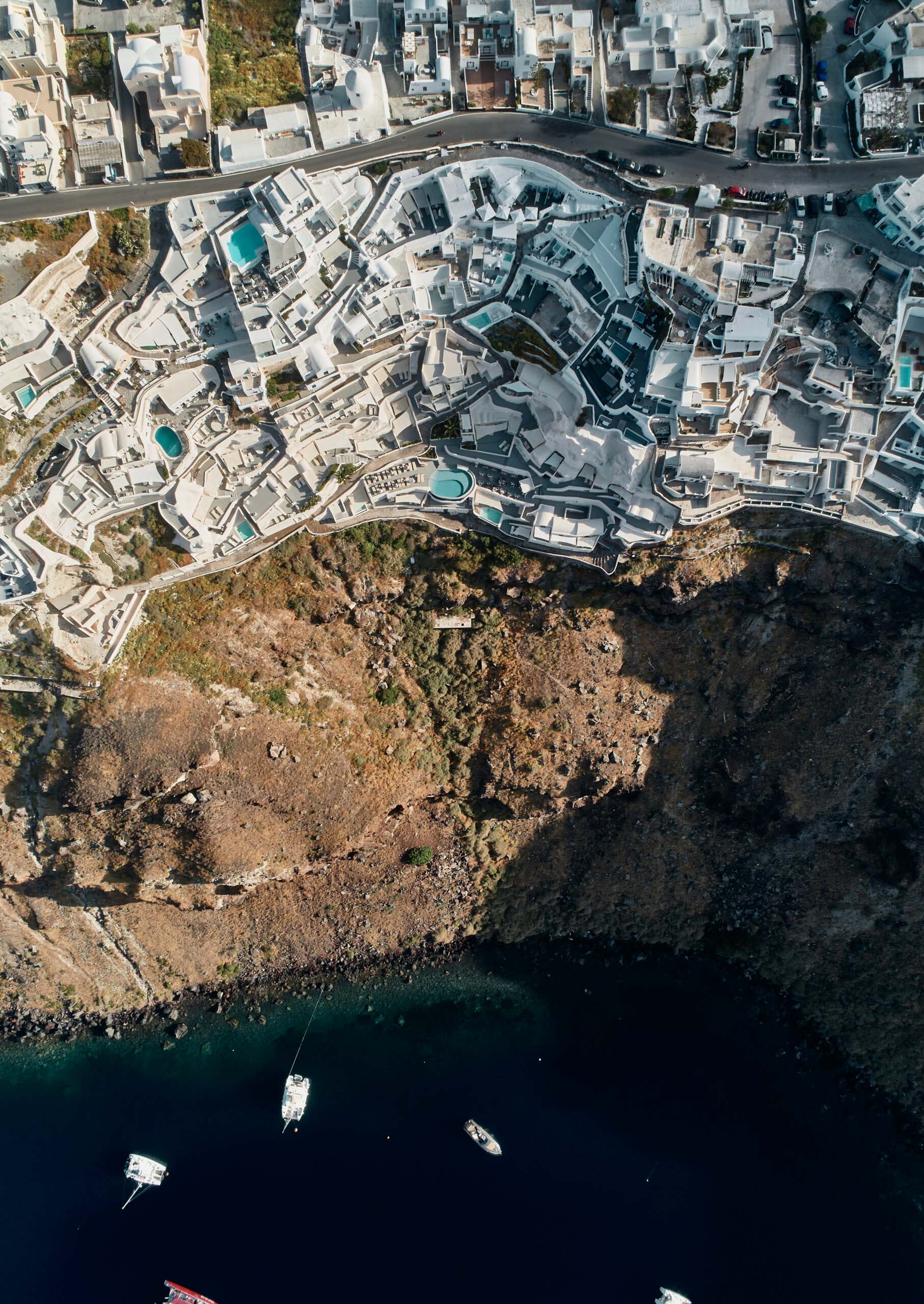 Mystique Hotel Santorini – Oia, Santorini Island, Greece – Overhead Aerial View