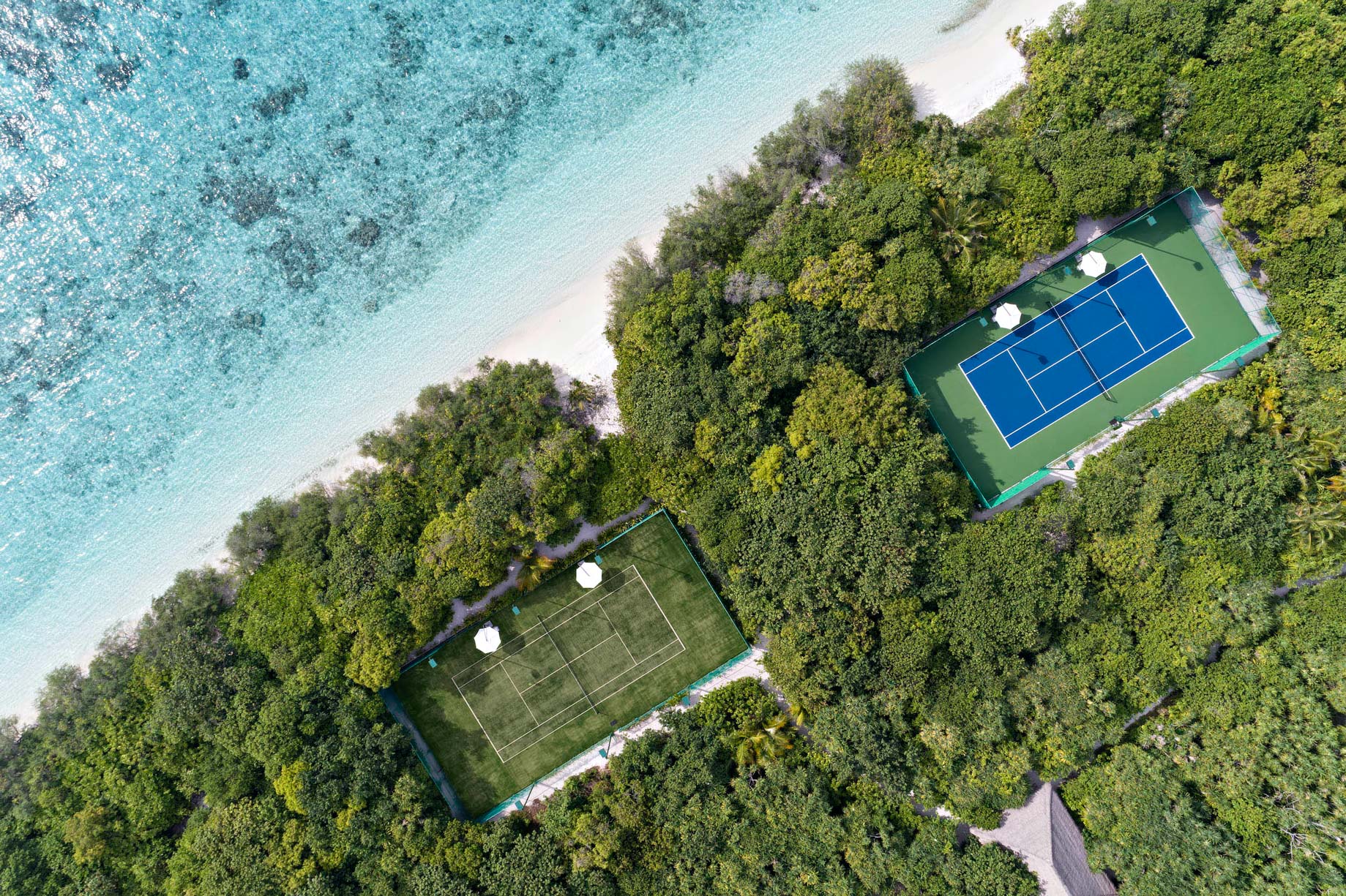 Cheval Blanc Randheli Resort – Noonu Atoll, Maldives – Private Island Tennis Courts Overhead Aerial