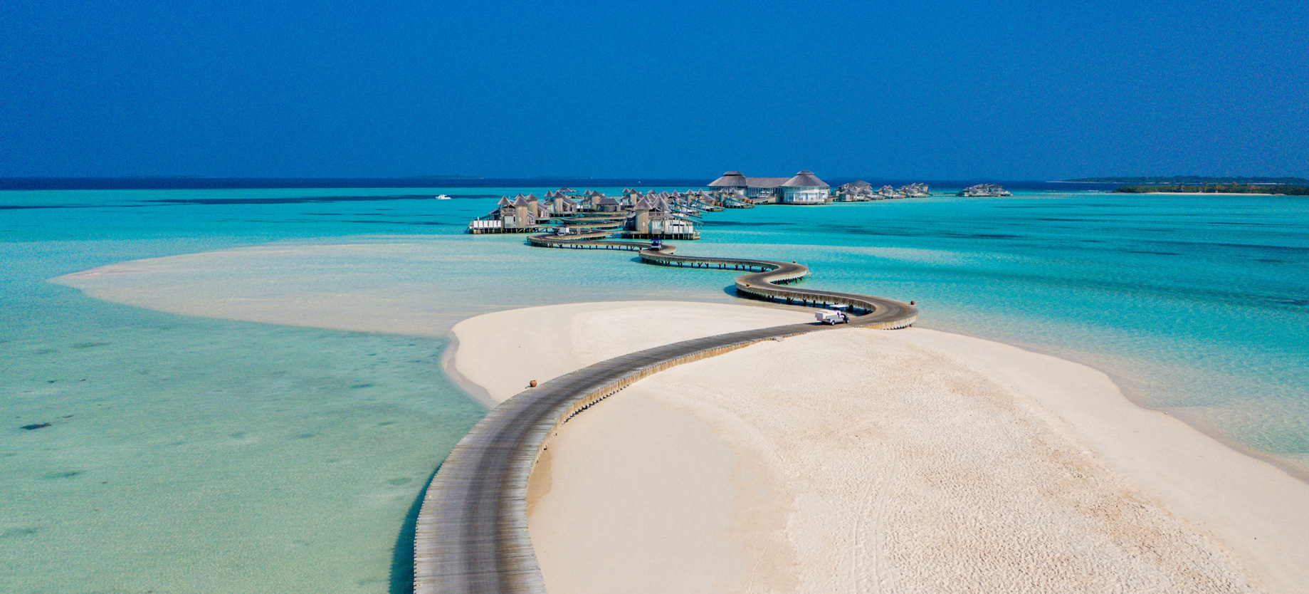 Soneva Jani Resort – Noonu Atoll, Medhufaru, Maldives – Tropical Private Island Overwater Jetty Boardwalk Aerial