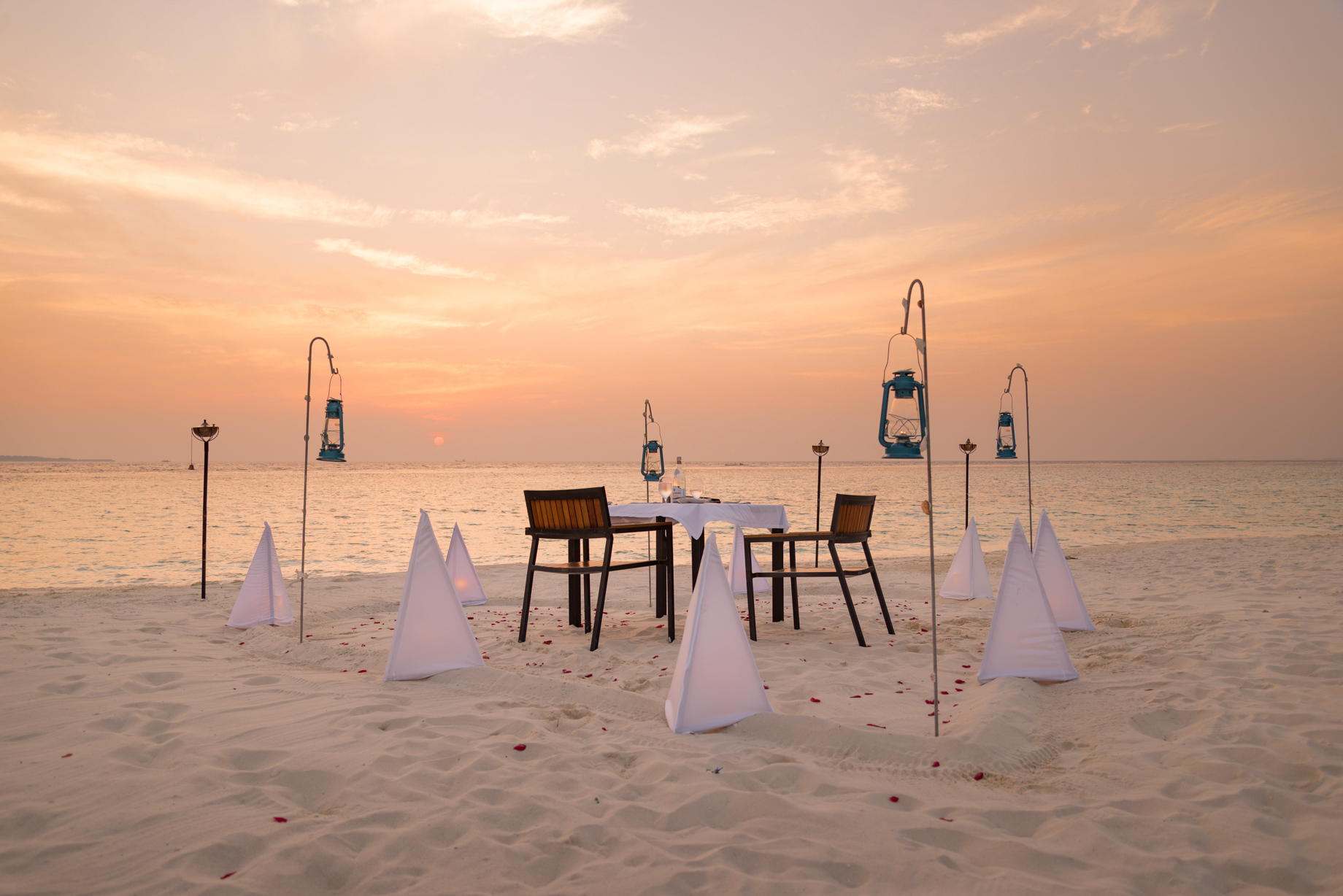 Amilla Fushi Resort and Residences – Baa Atoll, Maldives – Beach Table Dinner Sunset