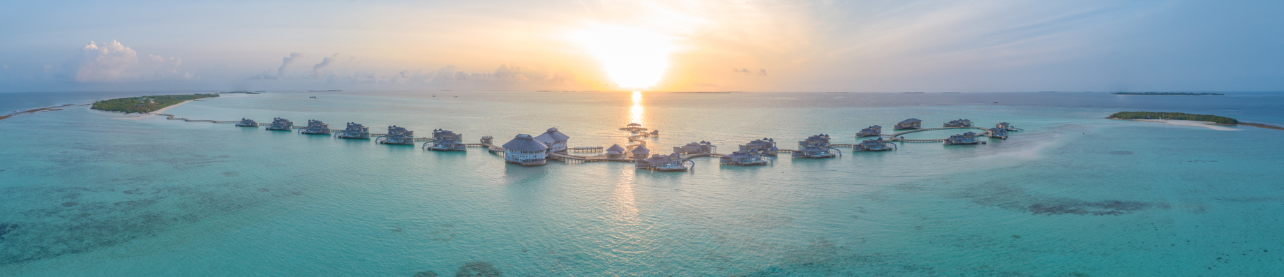 Soneva Jani Resort – Noonu Atoll, Medhufaru, Maldives – Aerial Panorama Sunset