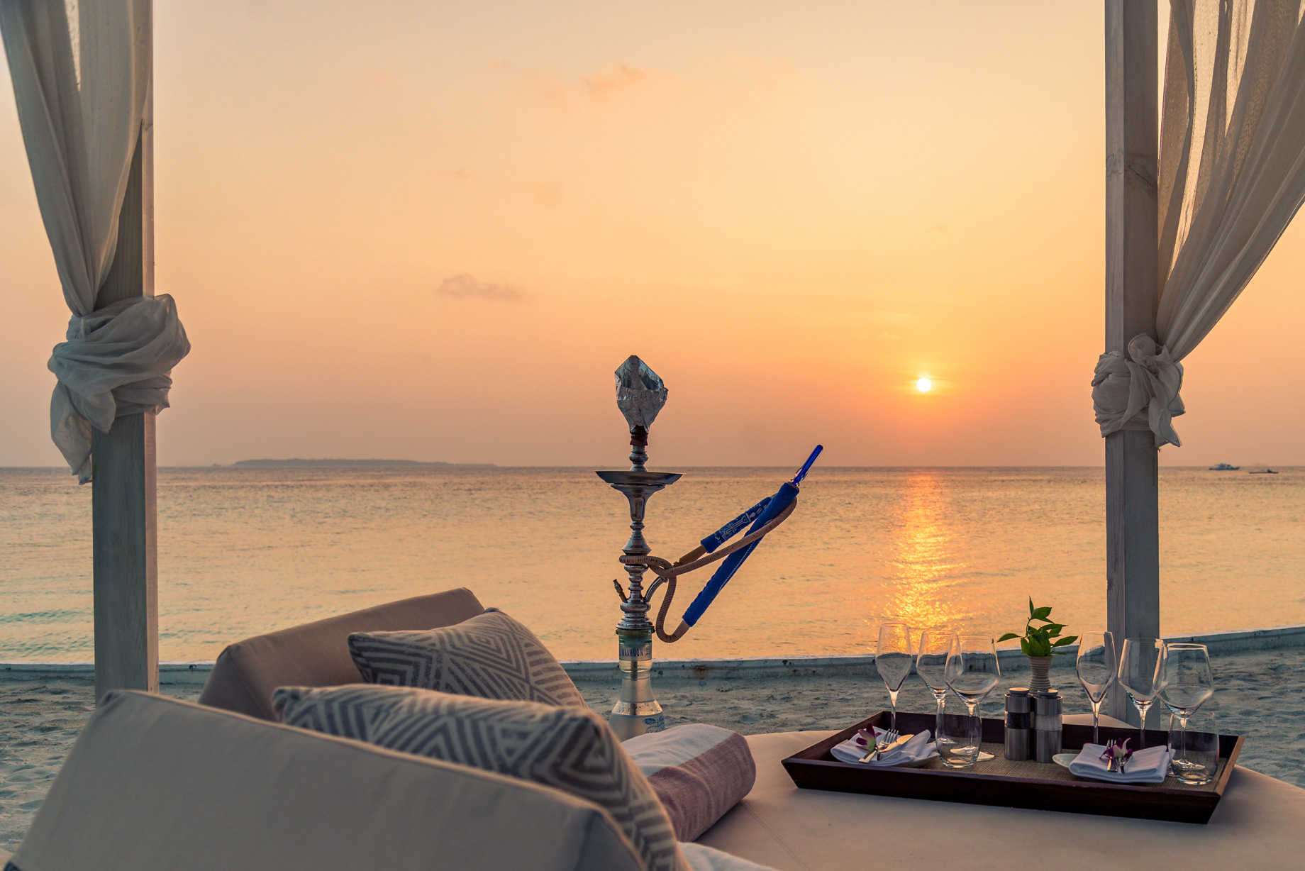 Amilla Fushi Resort and Residences - Baa Atoll, Maldives - Beach Lounge Dining Sunset