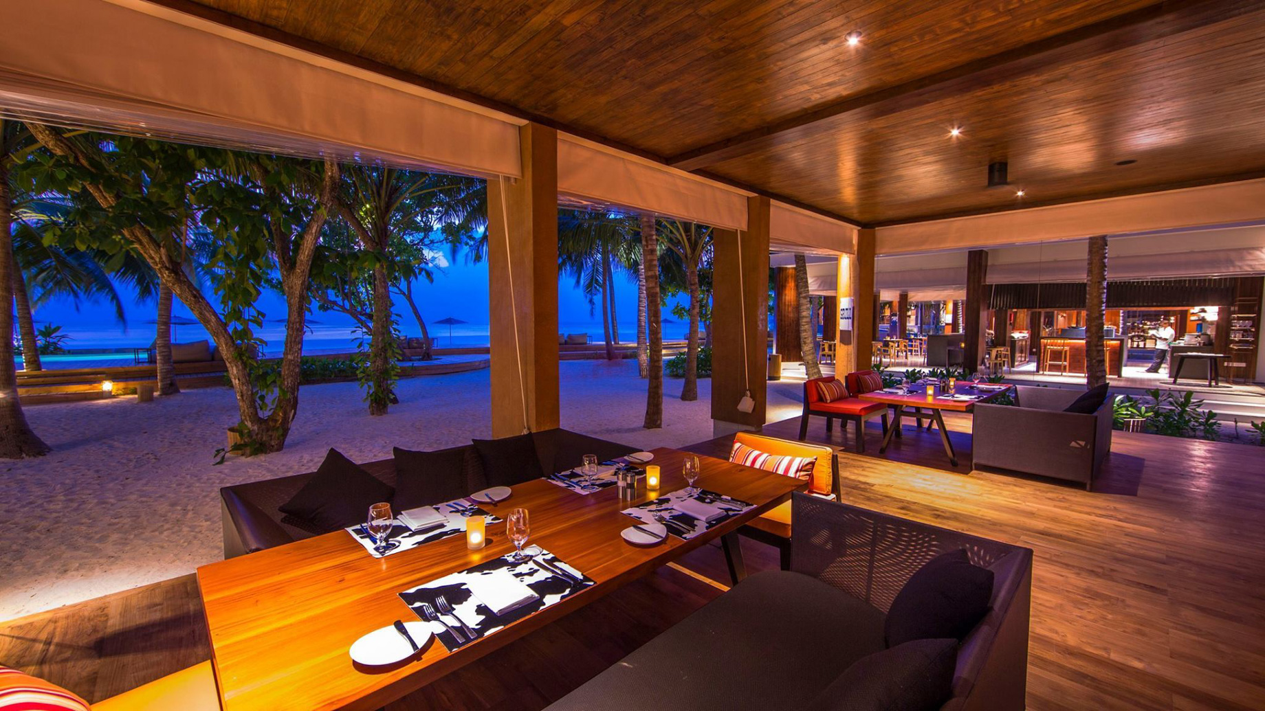 Amilla Fushi Resort and Residences – Baa Atoll, Maldives – Beachfront Dining Sunset