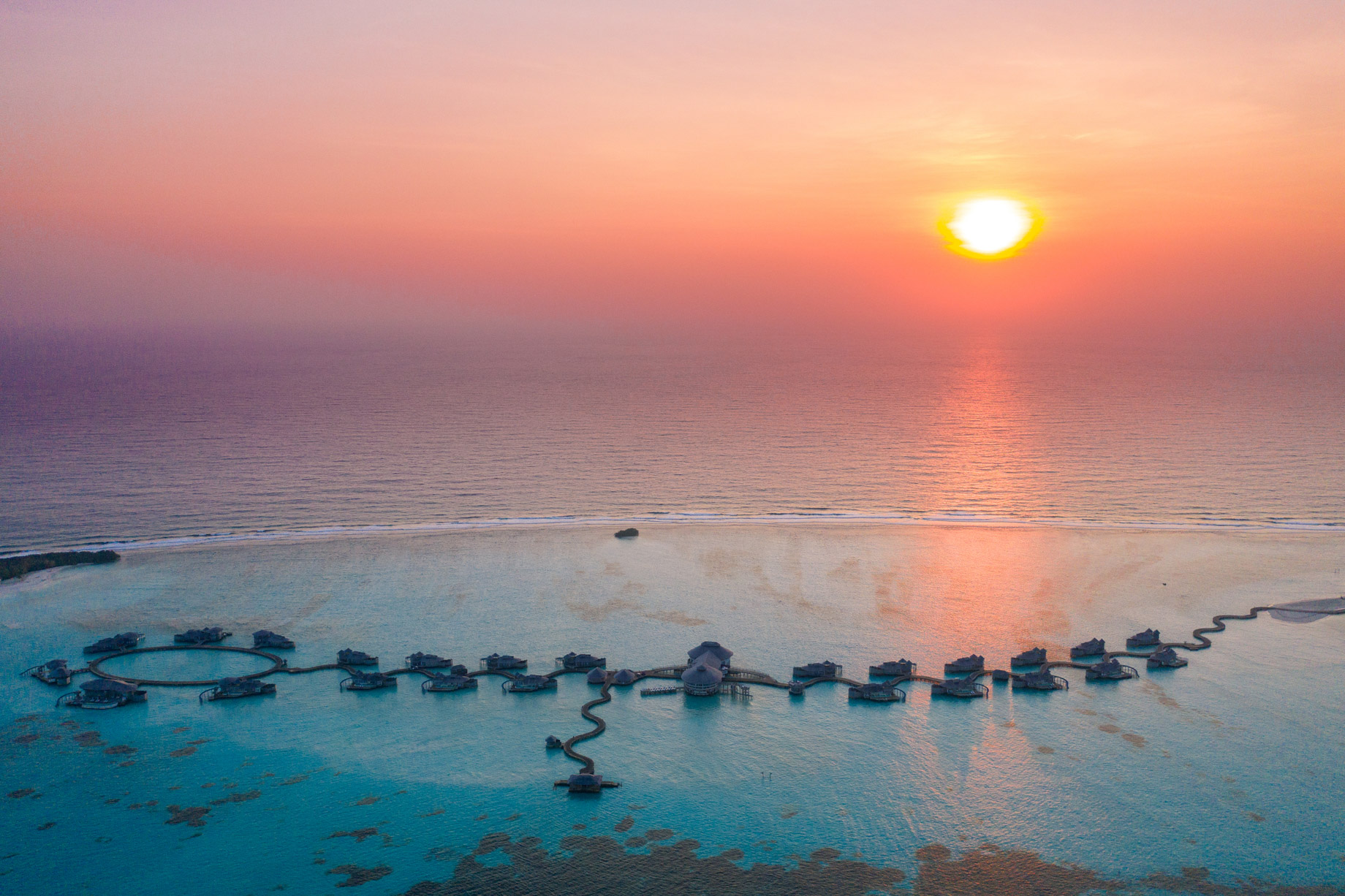 Soneva Jani Resort – Noonu Atoll, Medhufaru, Maldives – Resort Oceanview Sunset Aerial