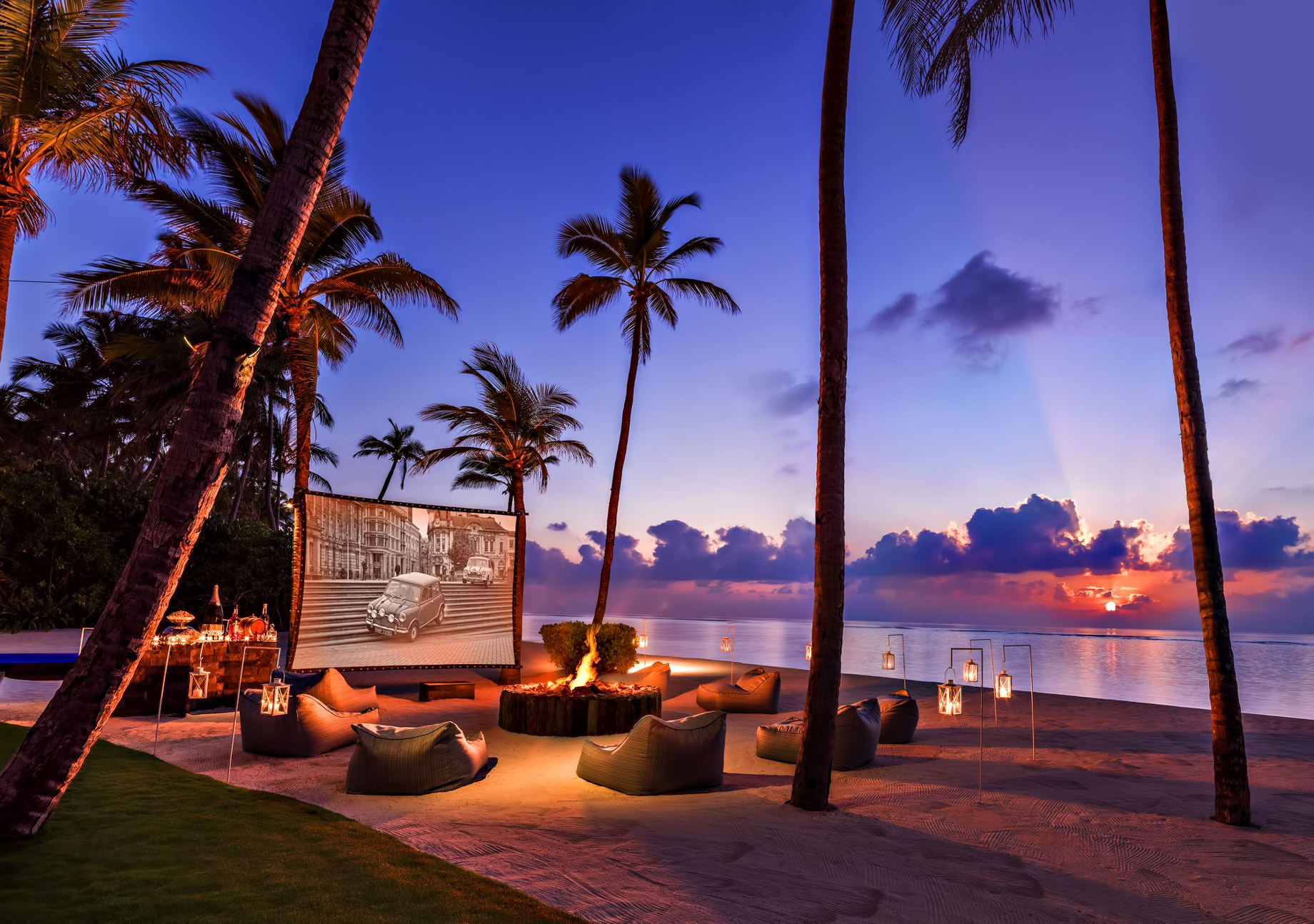 One&Only Reethi Rah Resort – North Male Atoll, Maldives – Beachfront Movie Night Screen Sunset