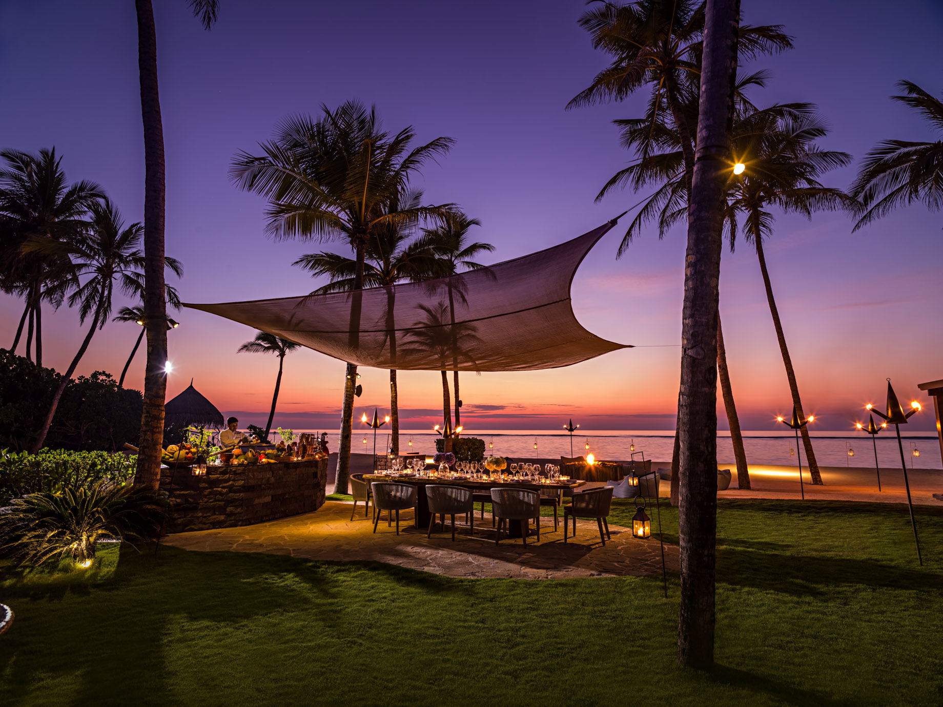 One&Only Reethi Rah Resort - North Male Atoll, Maldives - Beachfront Dining Table Sunset