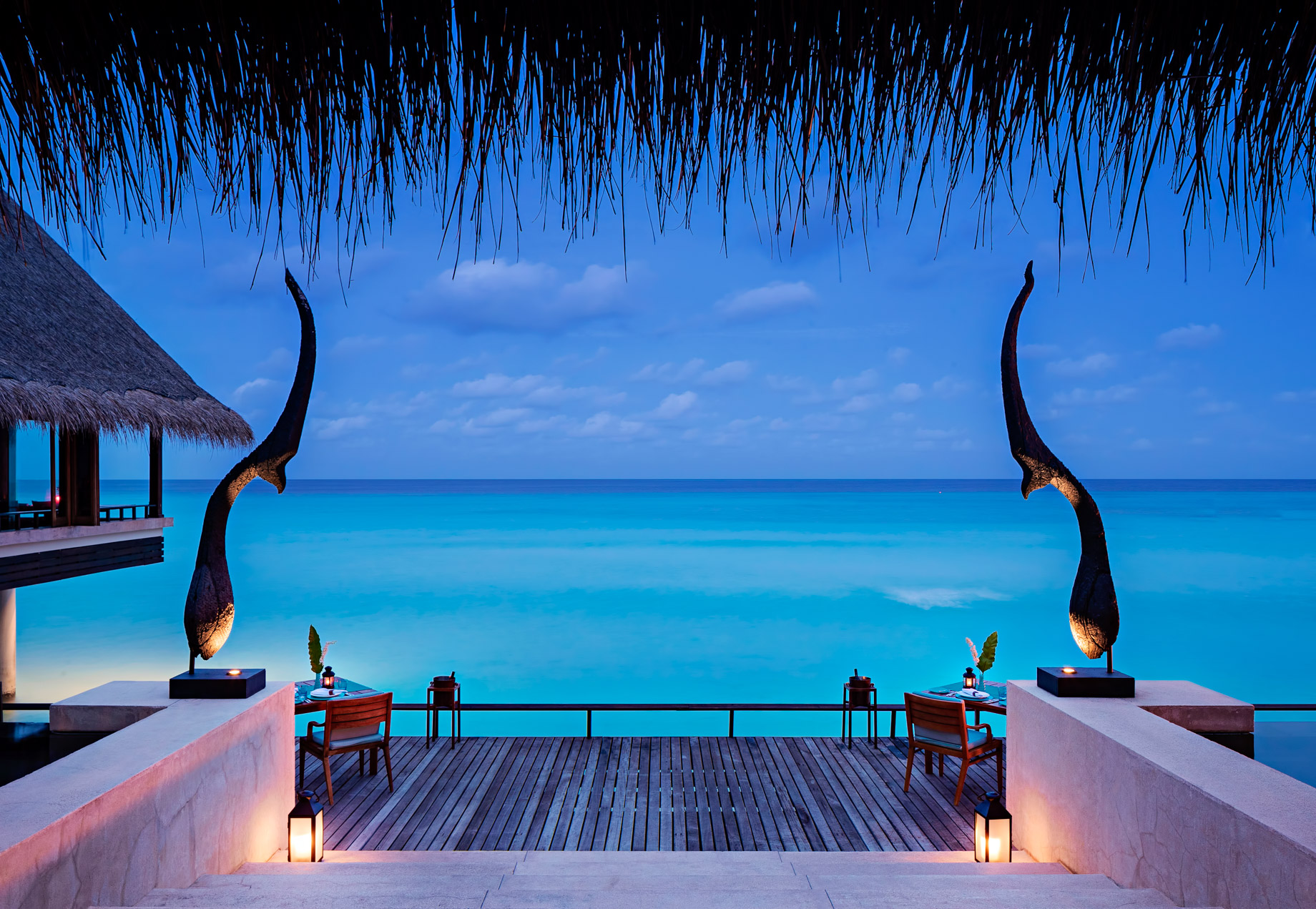 One&Only Reethi Rah Resort – North Male Atoll, Maldives – Aqua Restaurant Overwater Terrace Sunset