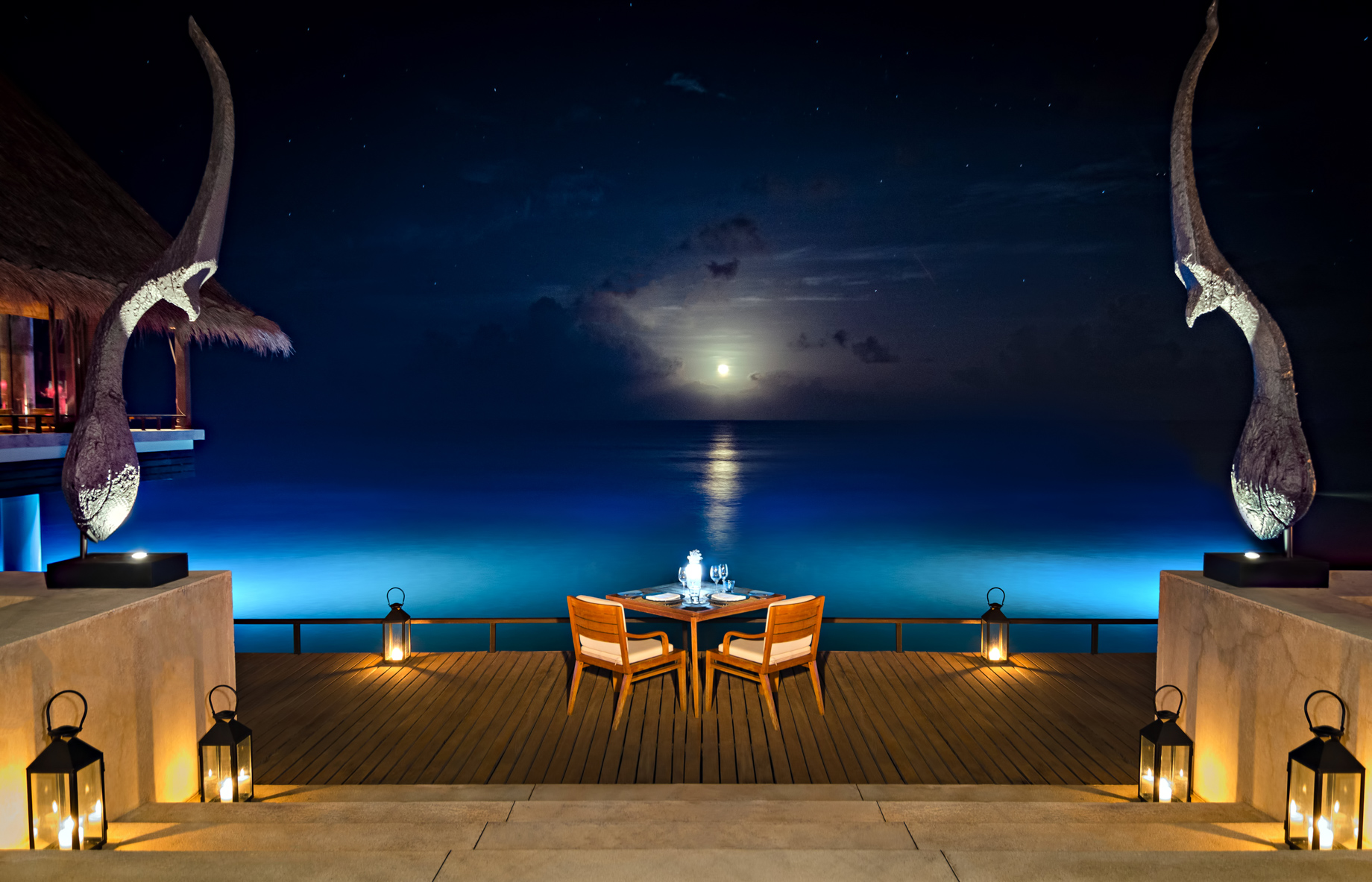 One&Only Reethi Rah Resort – North Male Atoll, Maldives – Aqua Restaurant Overwater Terrace Oceanview Night