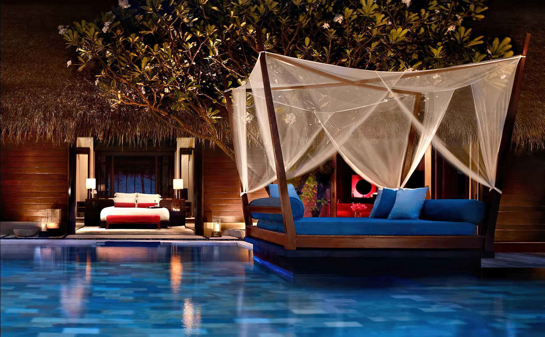 One&Only Reethi Rah Resort – North Male Atoll, Maldives – Luxury Villa Bedroom Pool Night