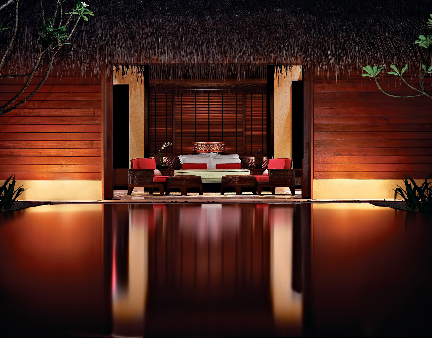 One&Only Reethi Rah Resort – North Male Atoll, Maldives – Luxury Villa Bedroom Pool Night View