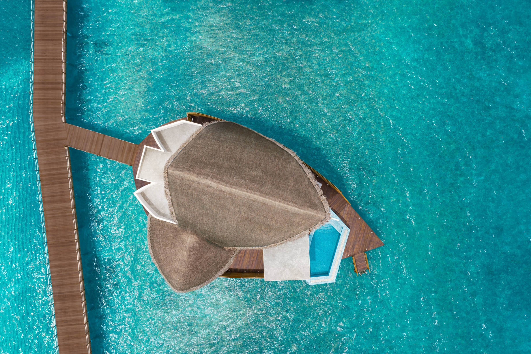 JW Marriott Maldives Resort & Spa – Shaviyani Atoll, Maldives – Overwater Pool Villa Sunrise Bird’s Eye View