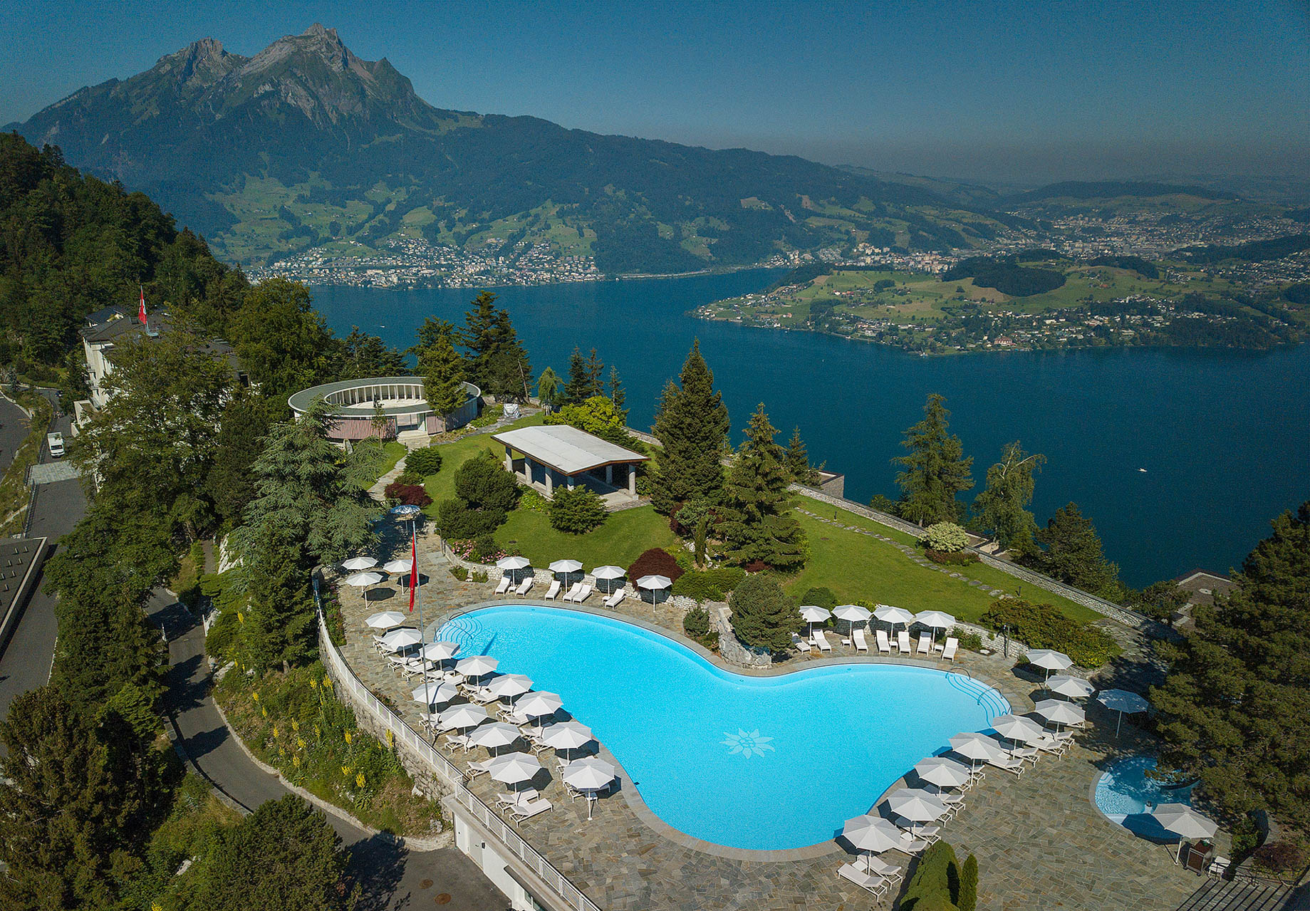 Burgenstock Hotel & Alpine Spa – Obburgen, Switzerland – Pool Aerial View