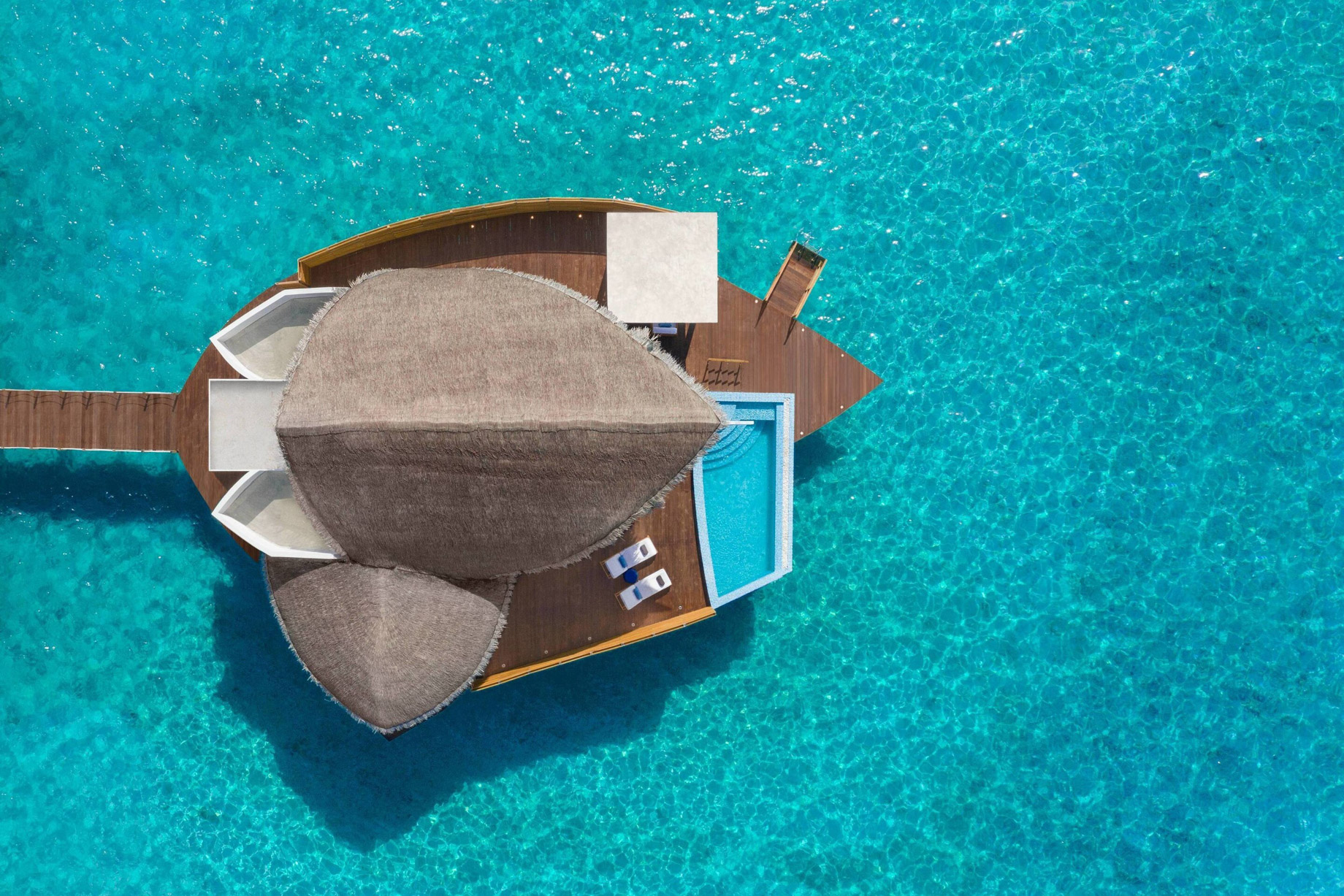 JW Marriott Maldives Resort & Spa – Shaviyani Atoll, Maldives – Duplex Overwater Pool Villa Overhead Aerial