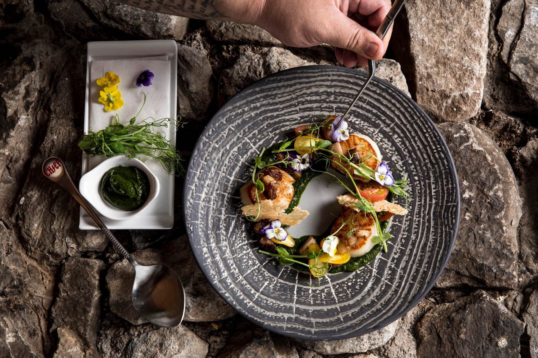 The Ritz-Carlton Maui, Kapalua Resort – Kapalua, HI, USA – Hokkaido Seared Scallop Dish with Smoked Pork Belly and Kealoha Farms Tomatoes